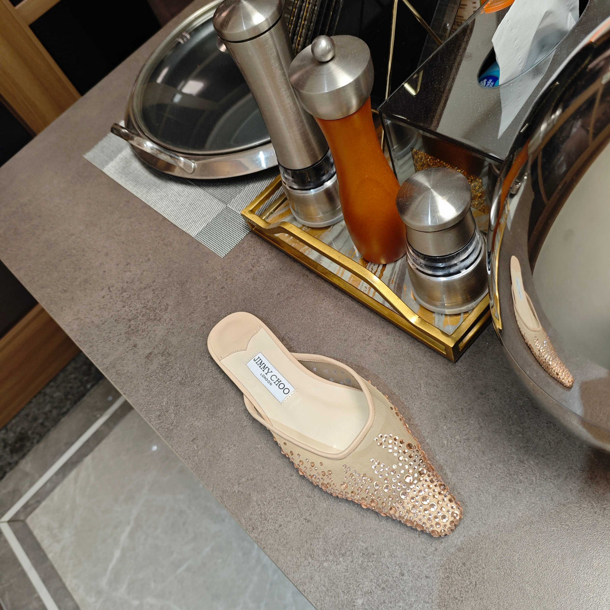 Jimmy 25 Mule Flats Cream Mesh Gauze 240058