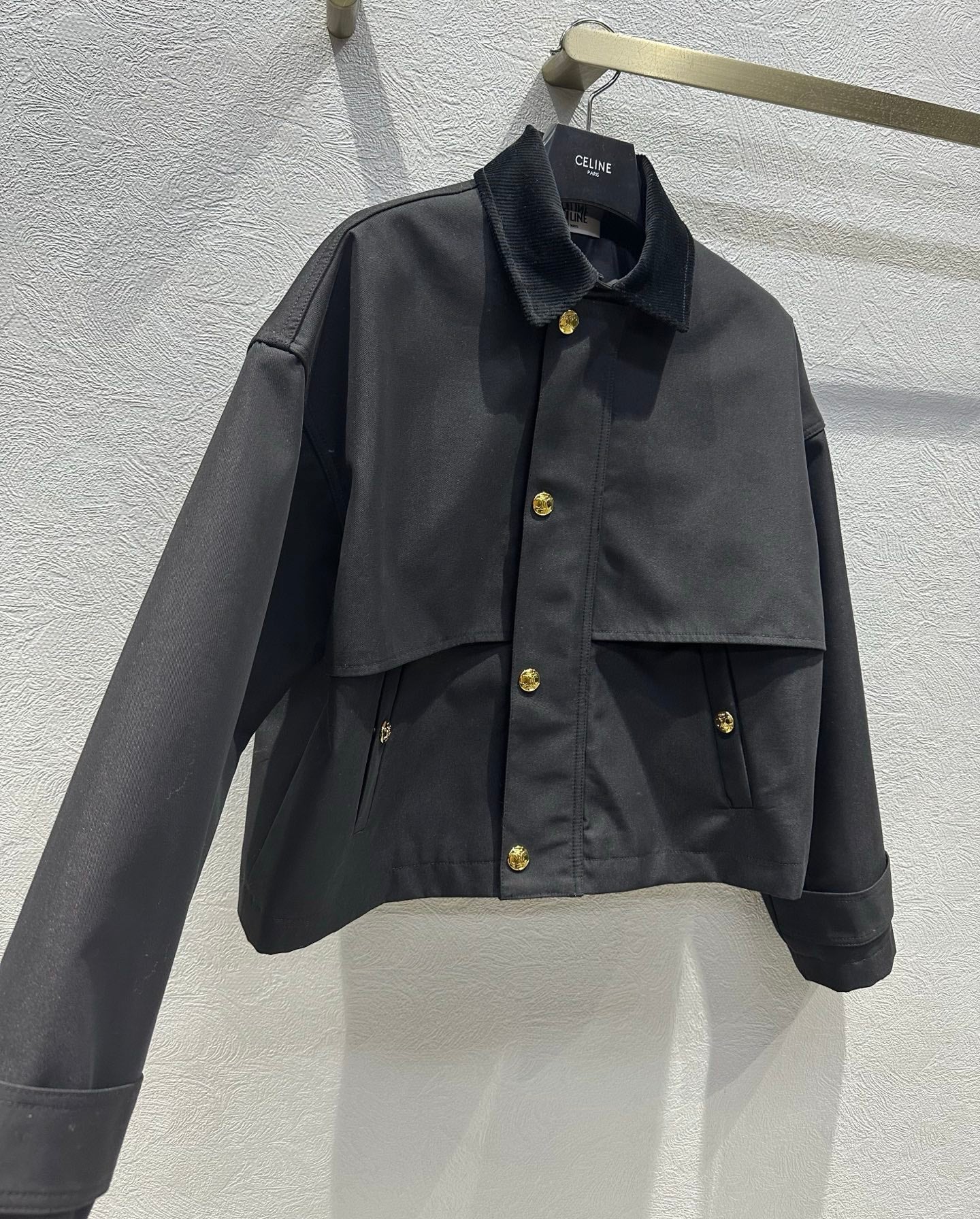 Celine 25 Lapel Short Trench Coat Black Gold Cotton Polyester