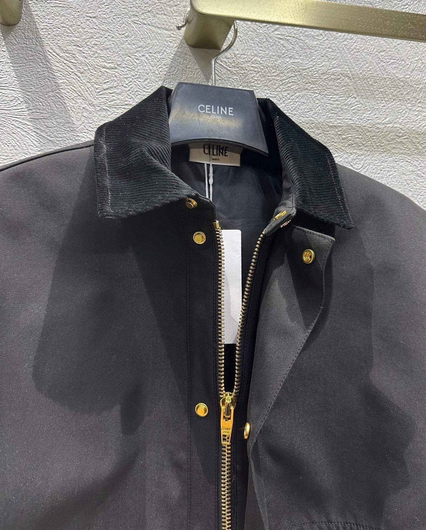 Celine 25 Lapel Short Trench Coat Black Gold Cotton Polyester