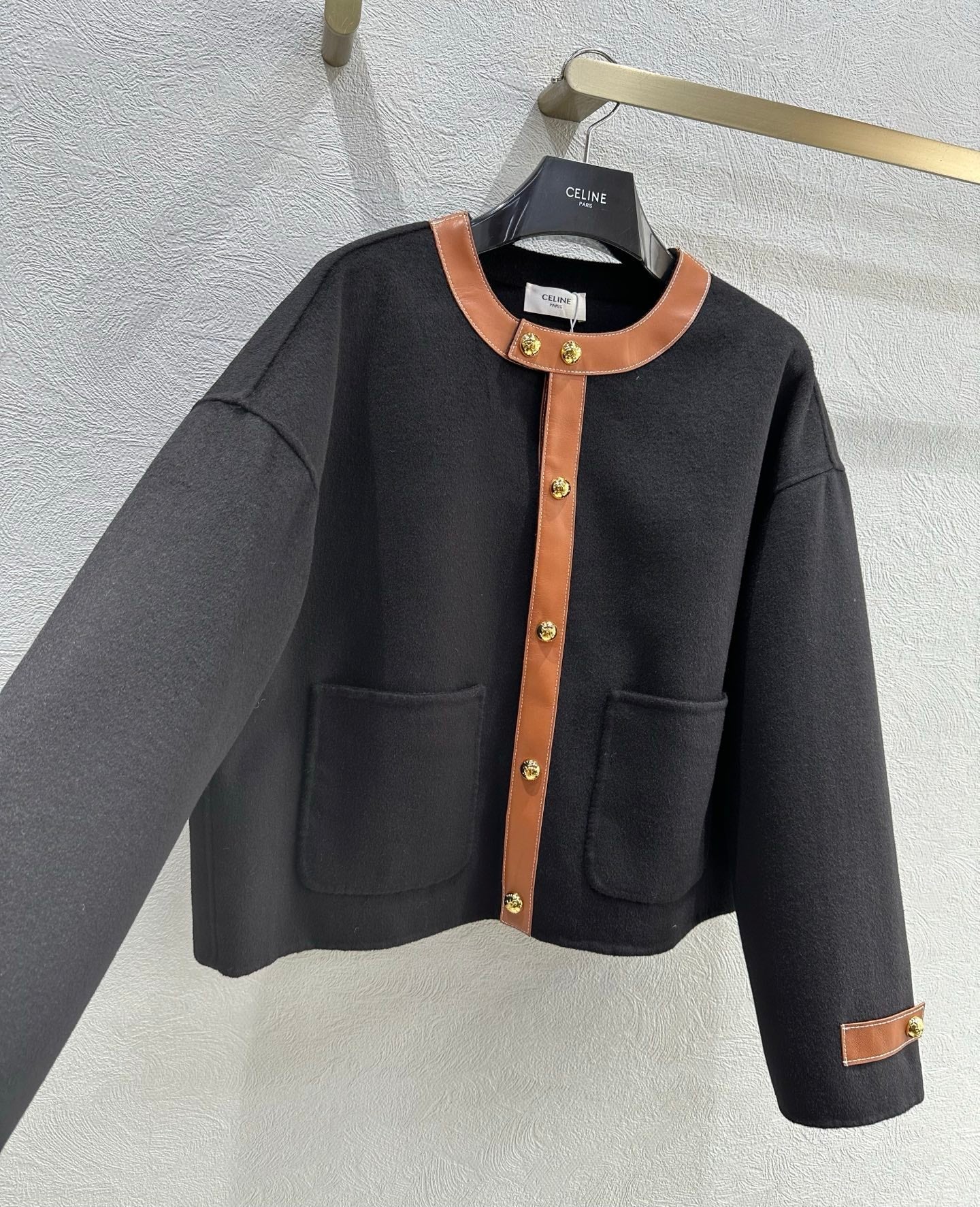 Celine 25 Round Neck Arc de Triomphe Jacket Black Brown Cashmere