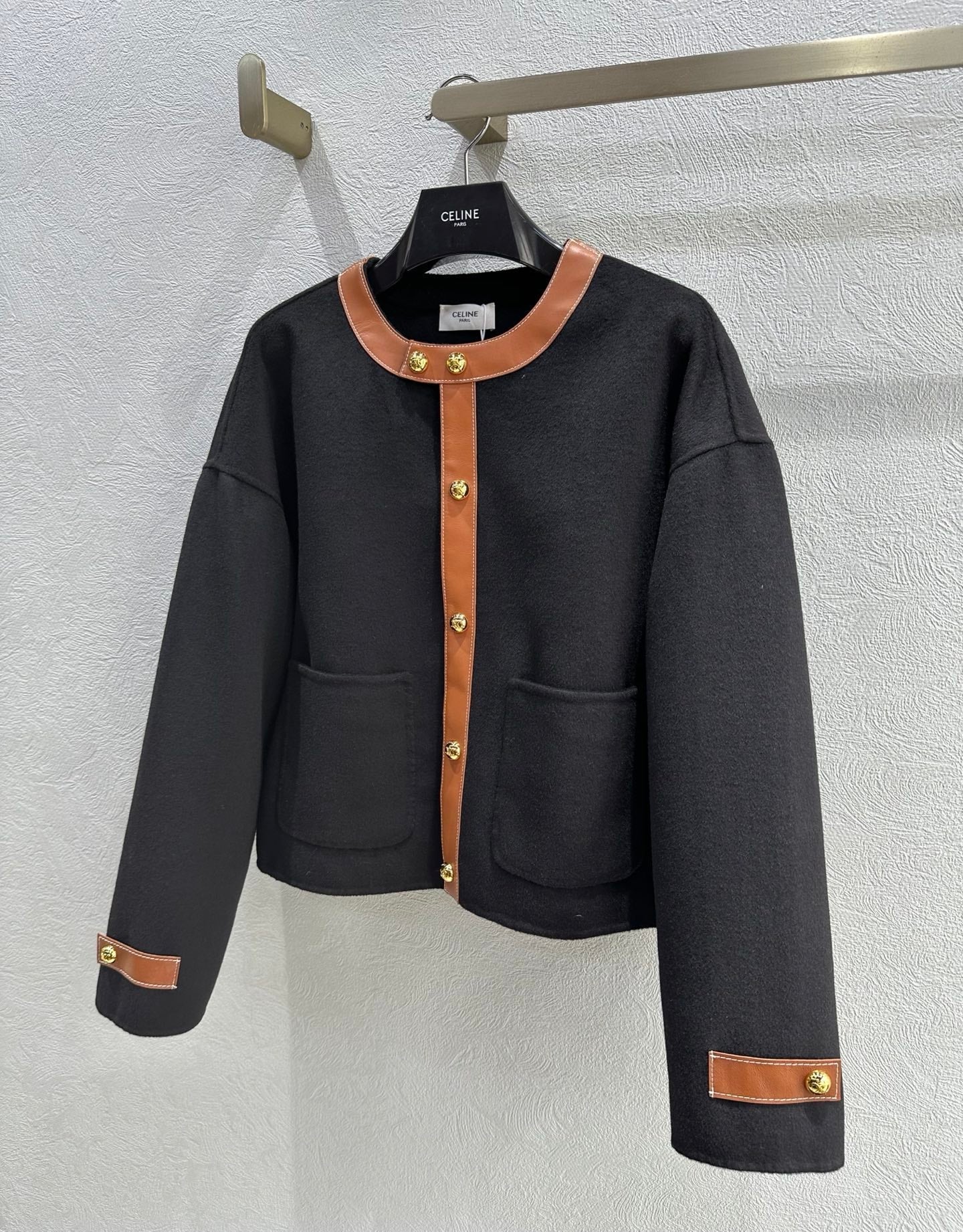 Celine 25 Round Neck Arc de Triomphe Jacket Black Brown Cashmere