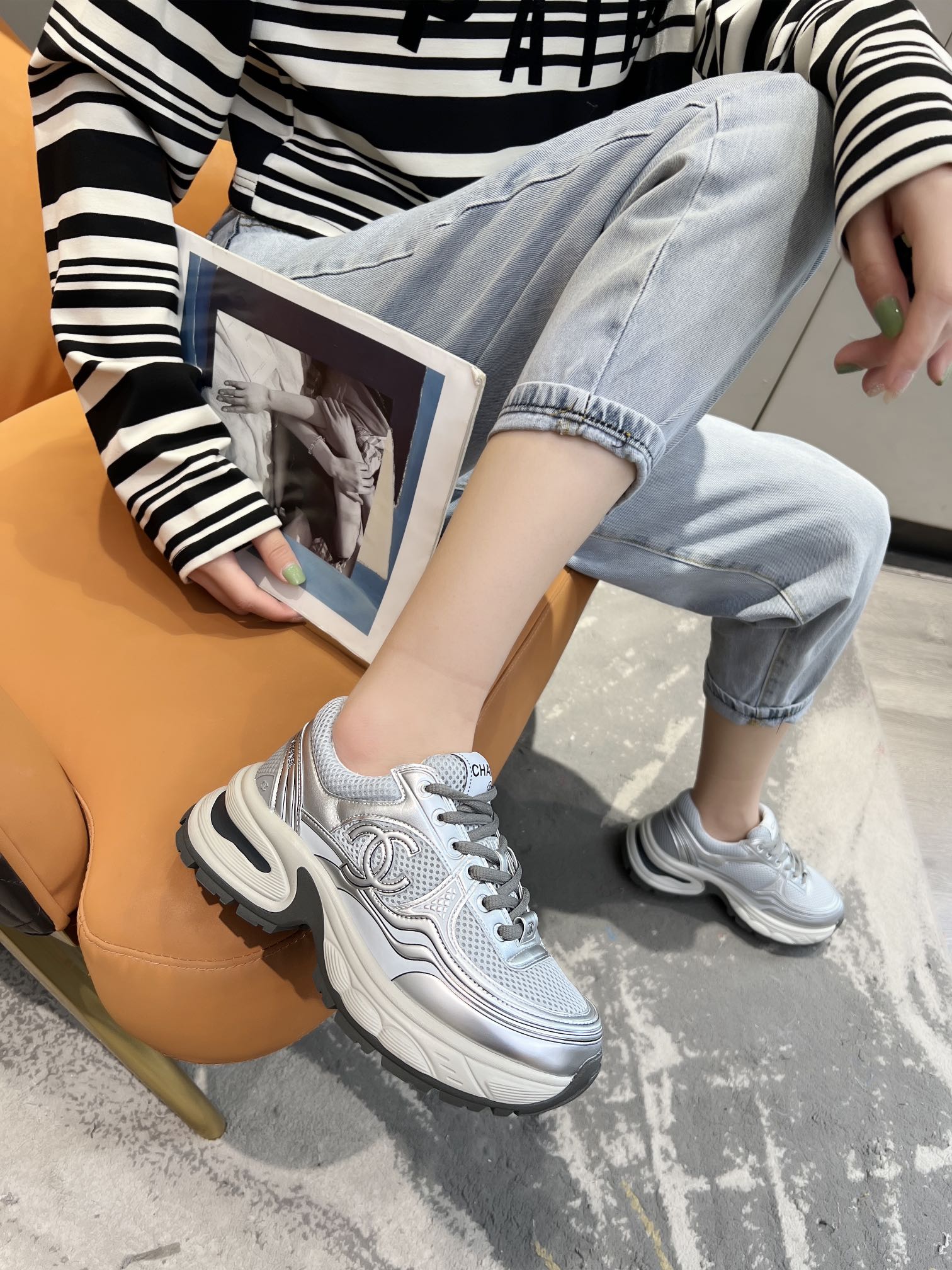 cc trainer black grey calfskin grey mesh