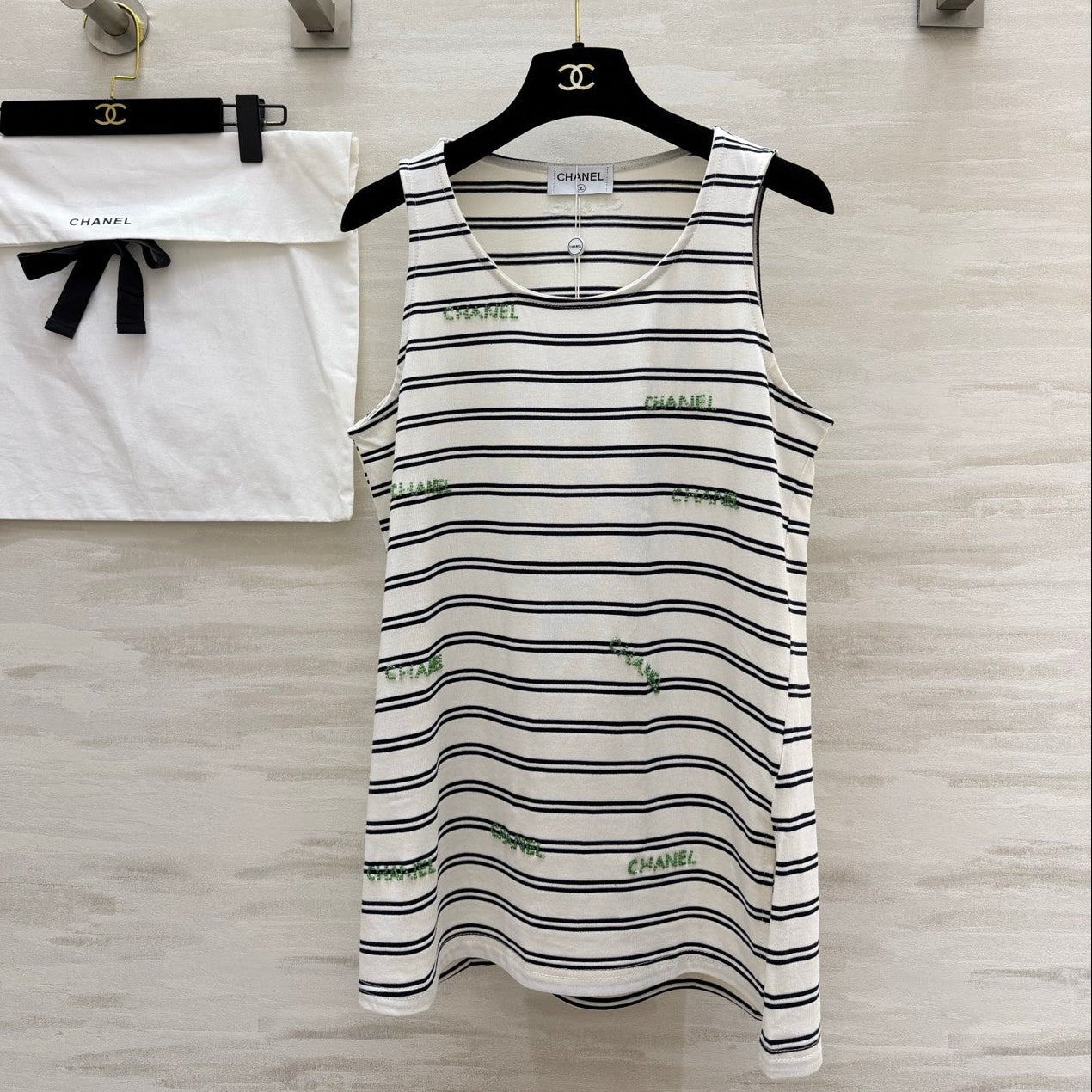 Chanel 2026 Striped Embroidered Vest White Black Cotton 213363
