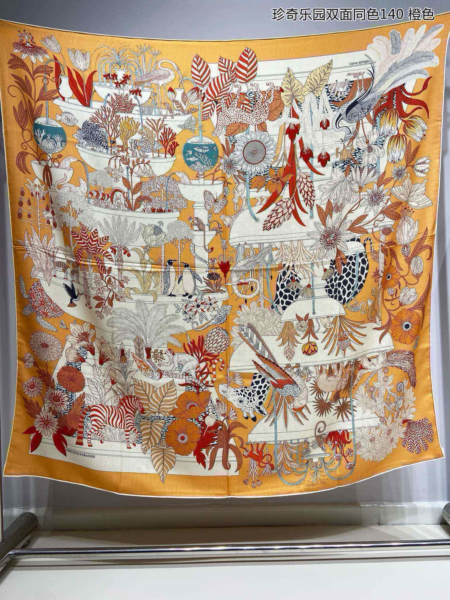 Precious Paradise Scarf 140 CM Yellow Orange Colorful Cashmere And Silk