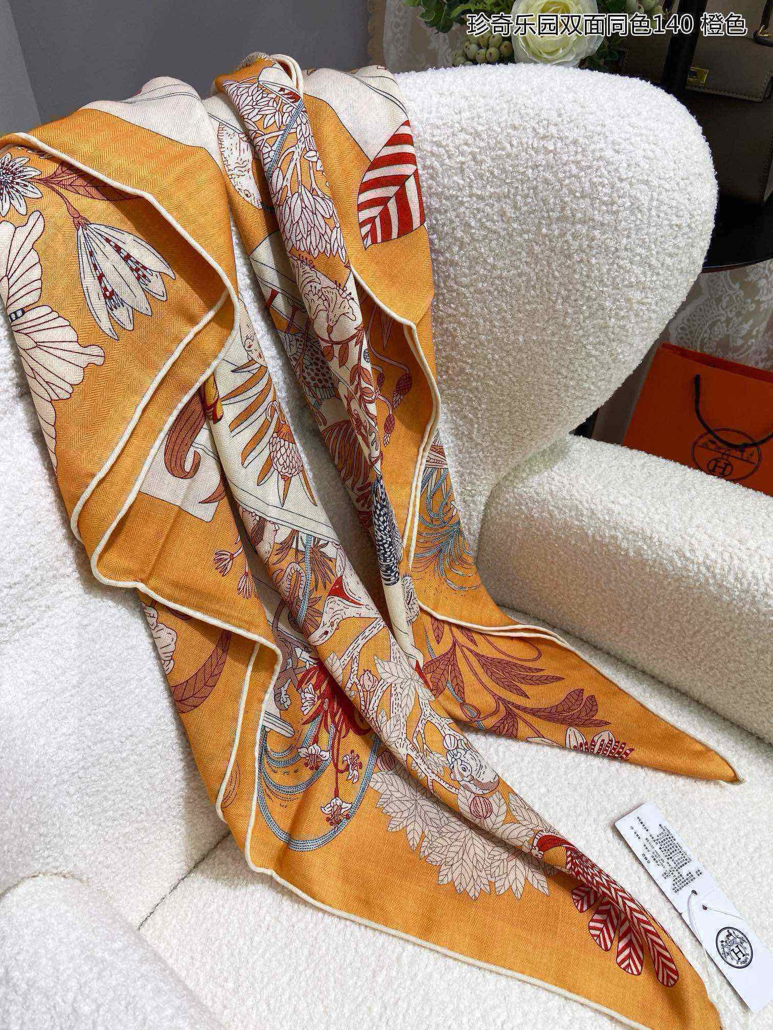 Precious Paradise Scarf 140 CM Yellow Orange Colorful Cashmere And Silk