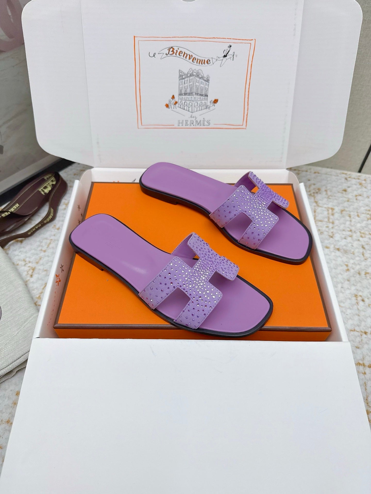HM 26ss Oran Sandals Purple Crystal Suede Cowhide 625255