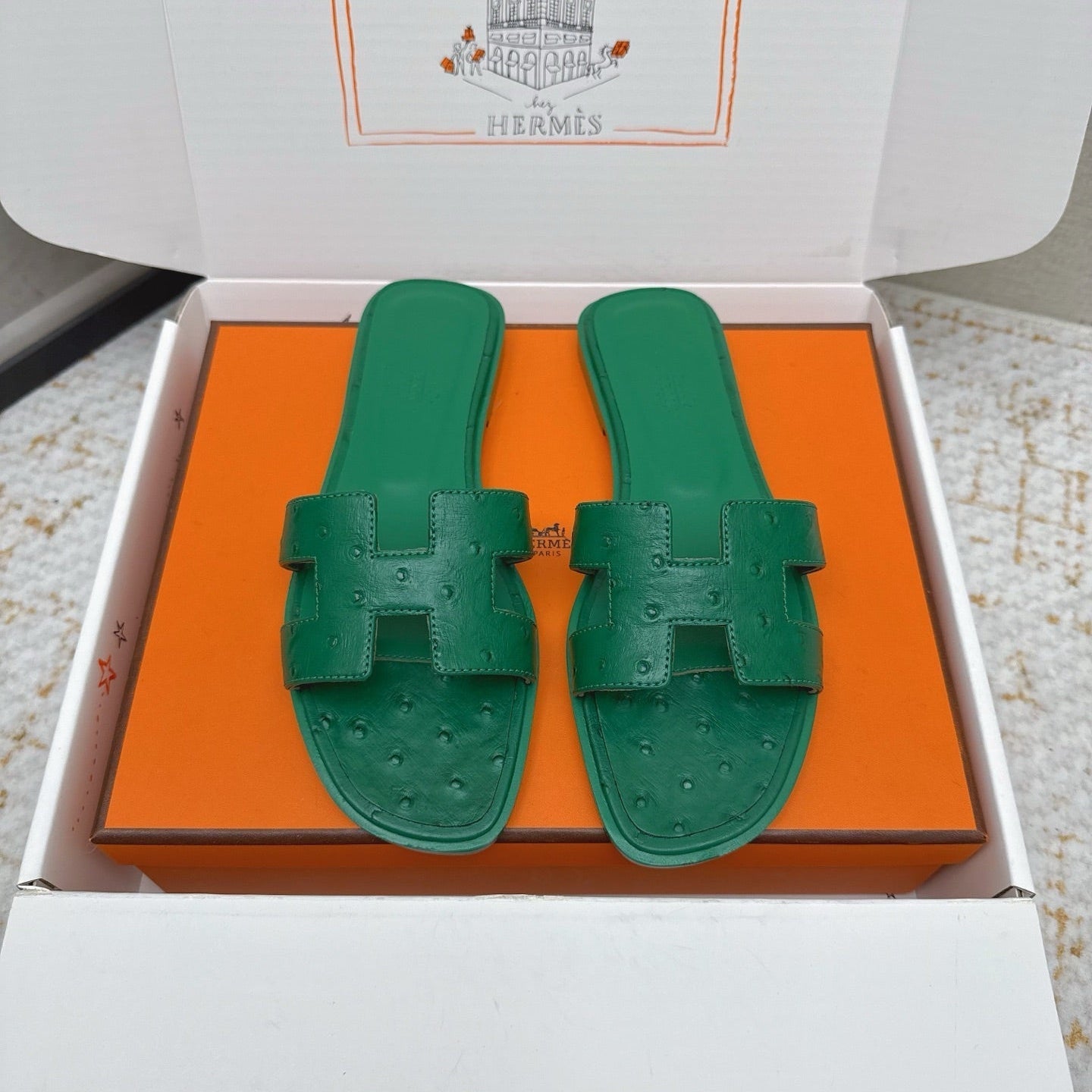 HM 26ss Oran Sandals Green Ostrich Leather 625102