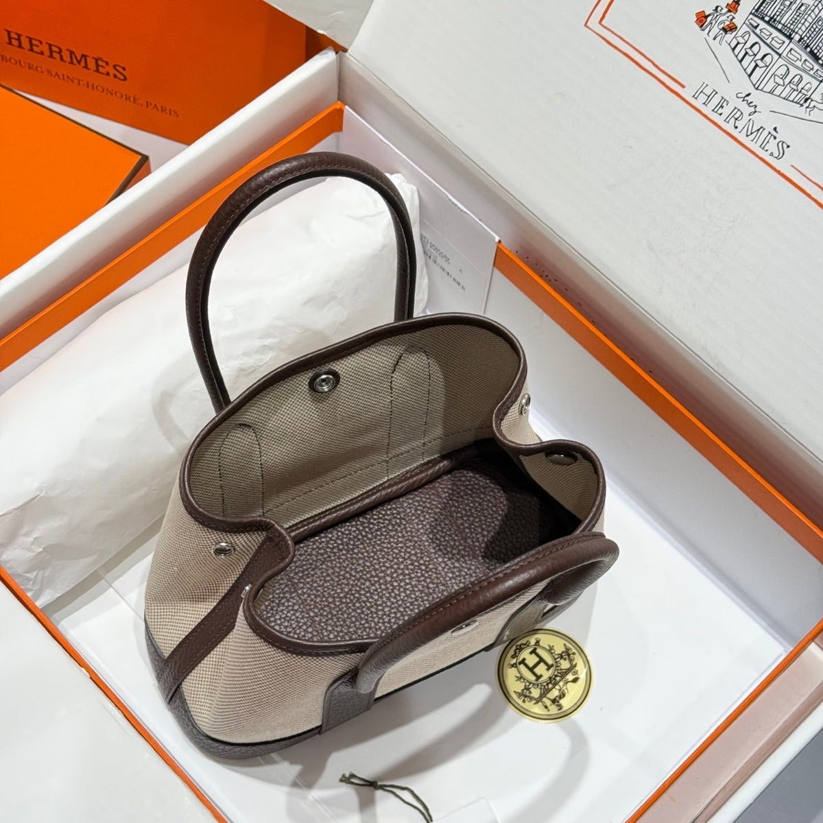 HM Garden Party Mini 23cm Bag Chocolate Togo Cream Canvas