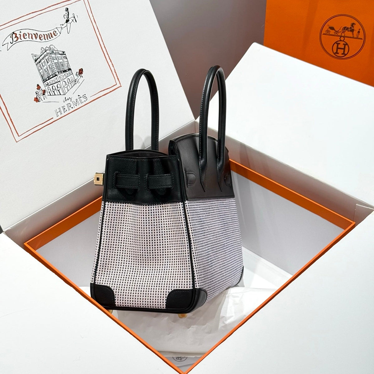 HM Birkin 30cm Black Swift Leather Pink Canvas Gold Hardware