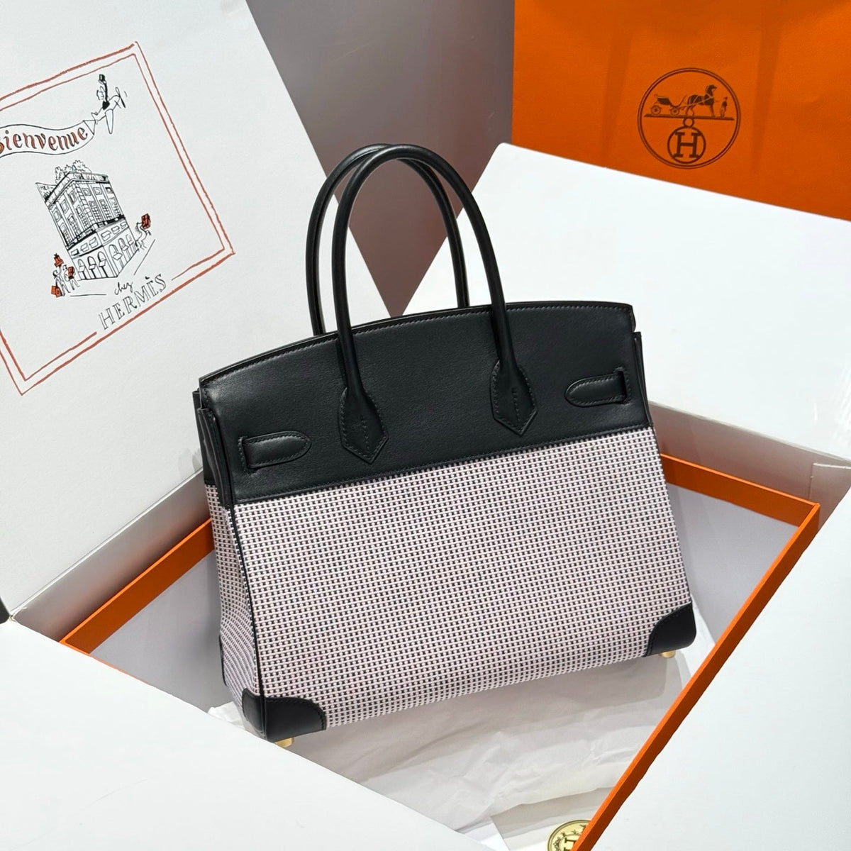 HM Birkin 30cm Black Swift Leather Pink Canvas Gold Hardware