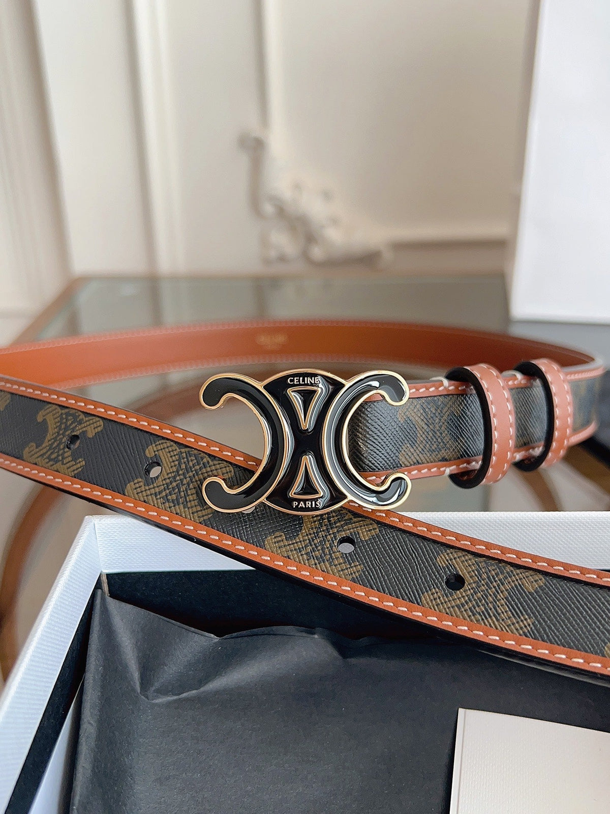 CL Black 25mm Triomphe Enamel Saddle Dark Brown Monogram Cowhide 615273