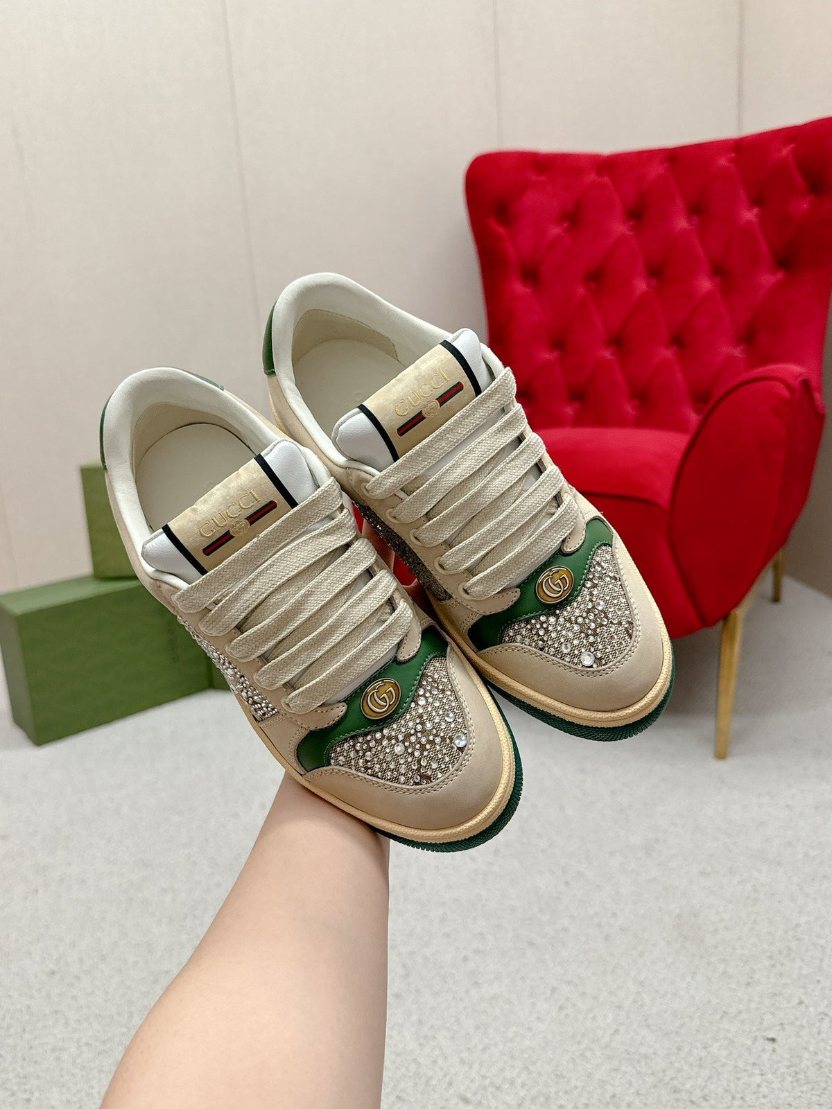 GG Sneaker Beige Suede Green Calfskin Crystal-Embellished