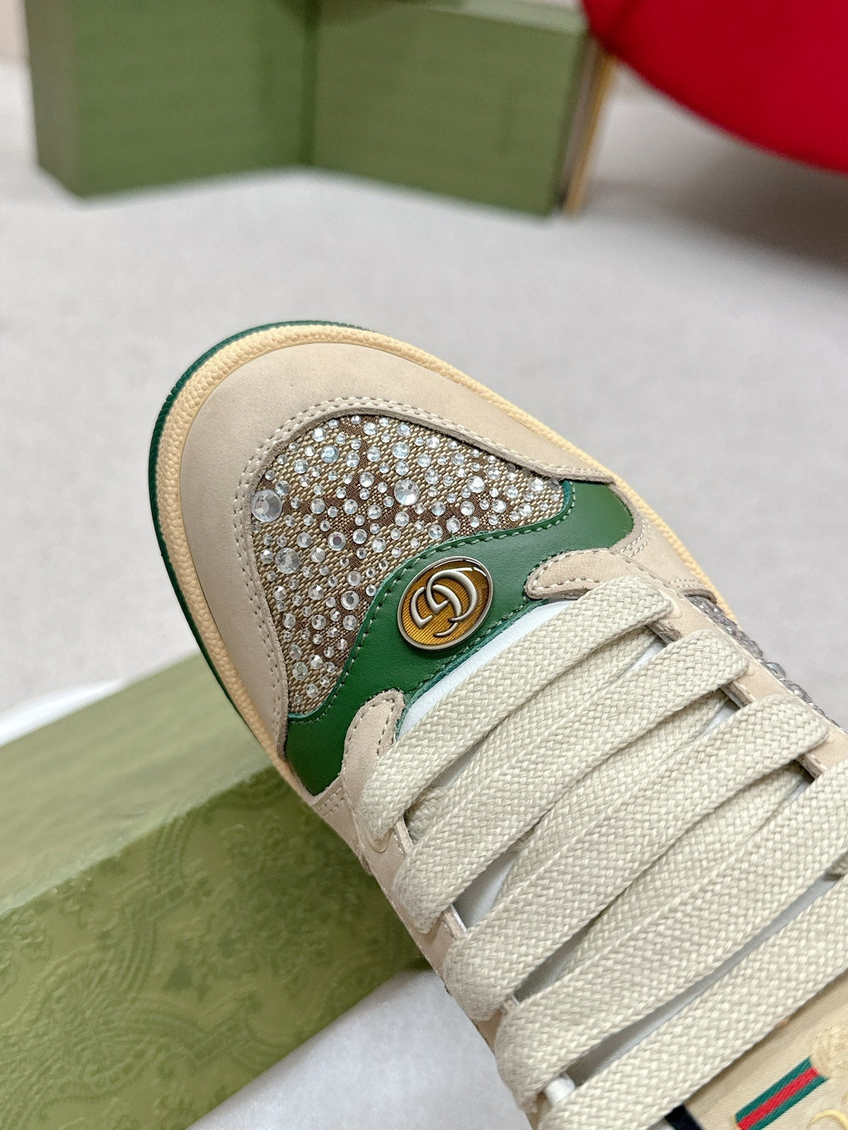 GG Sneaker Beige Suede Green Calfskin Crystal-Embellished