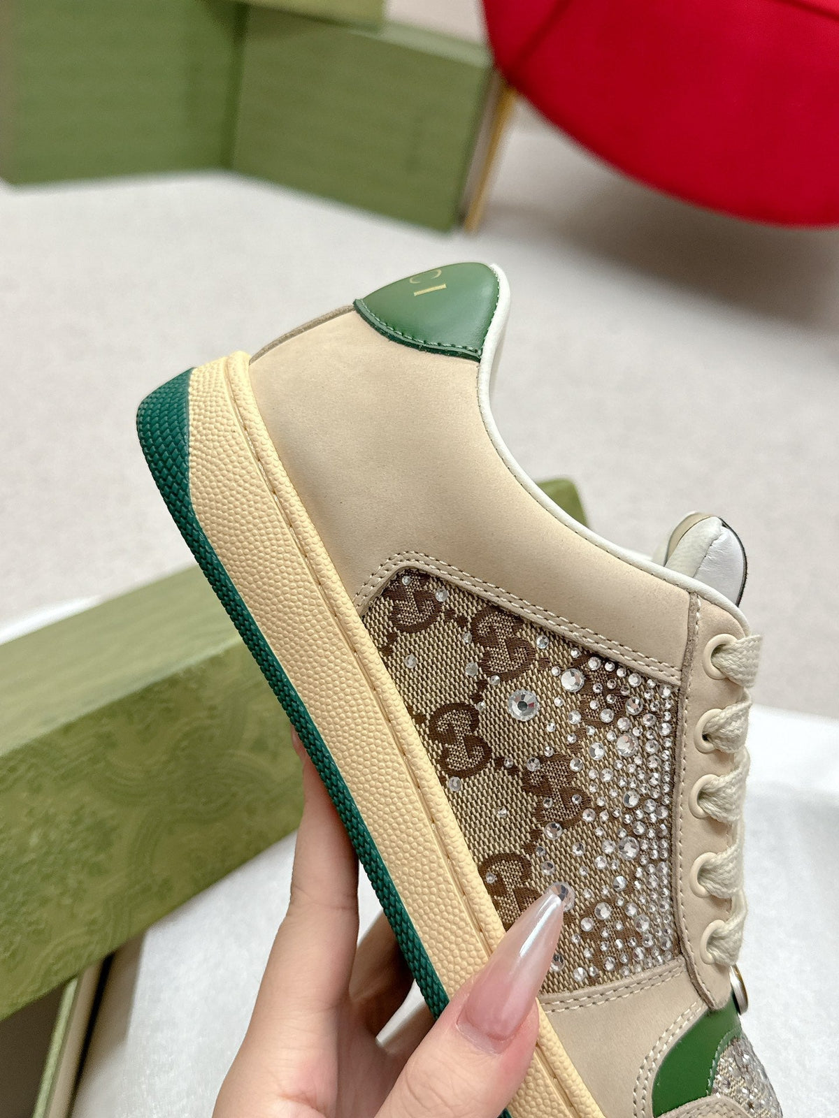 GG Sneaker Beige Suede Green Calfskin Crystal-Embellished
