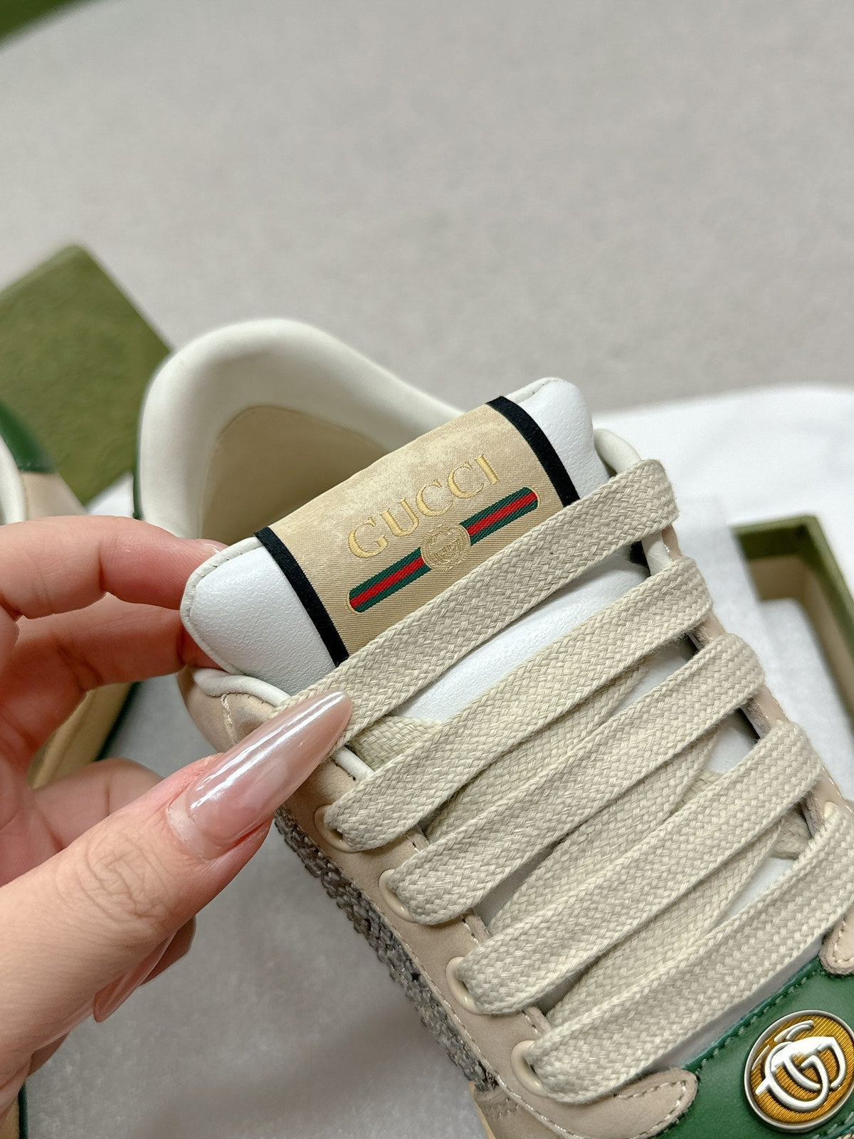 GG Sneaker Beige Suede Green Calfskin Crystal-Embellished