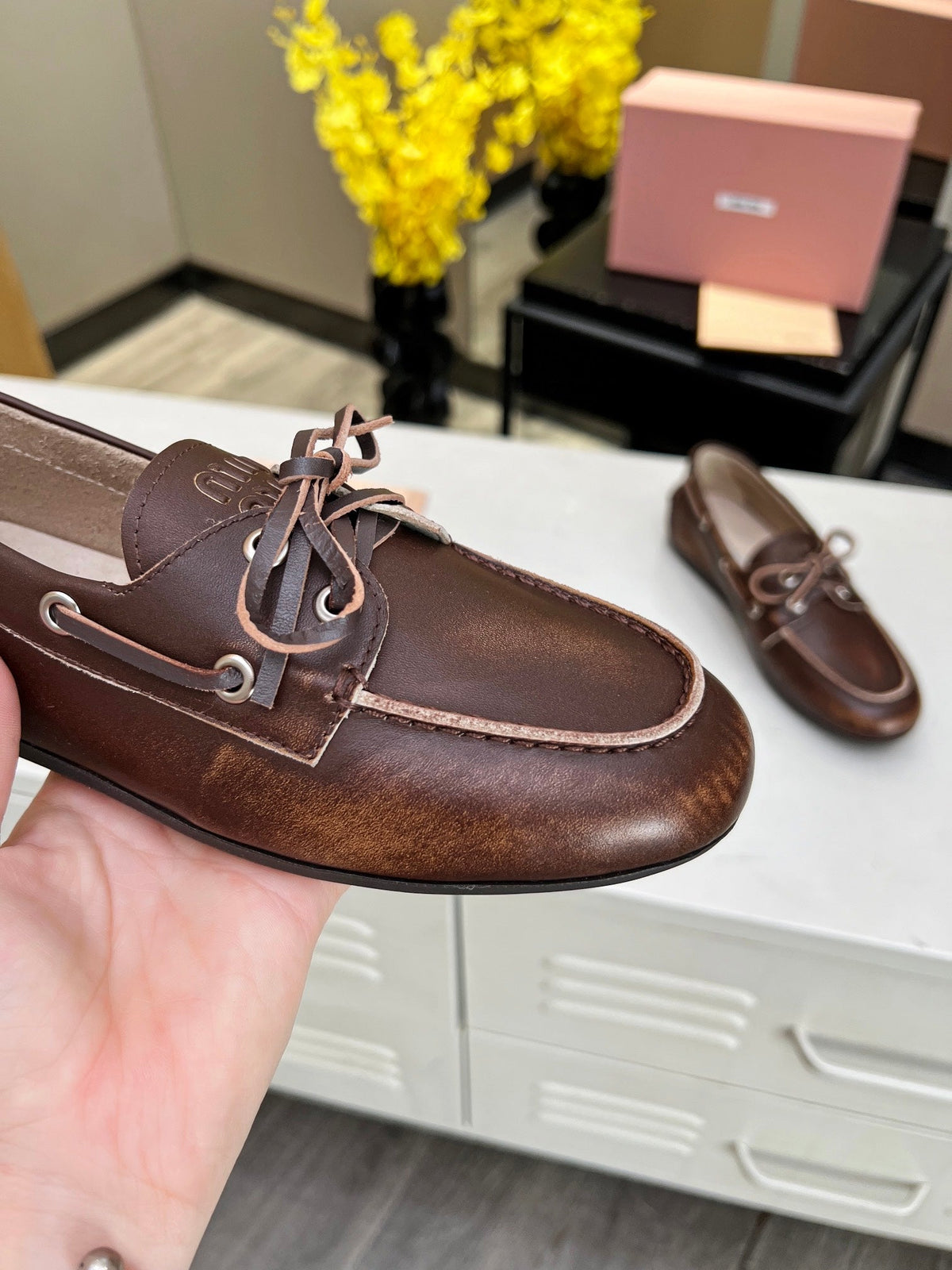 Miu Loafers Chocolate Brown Calfskin