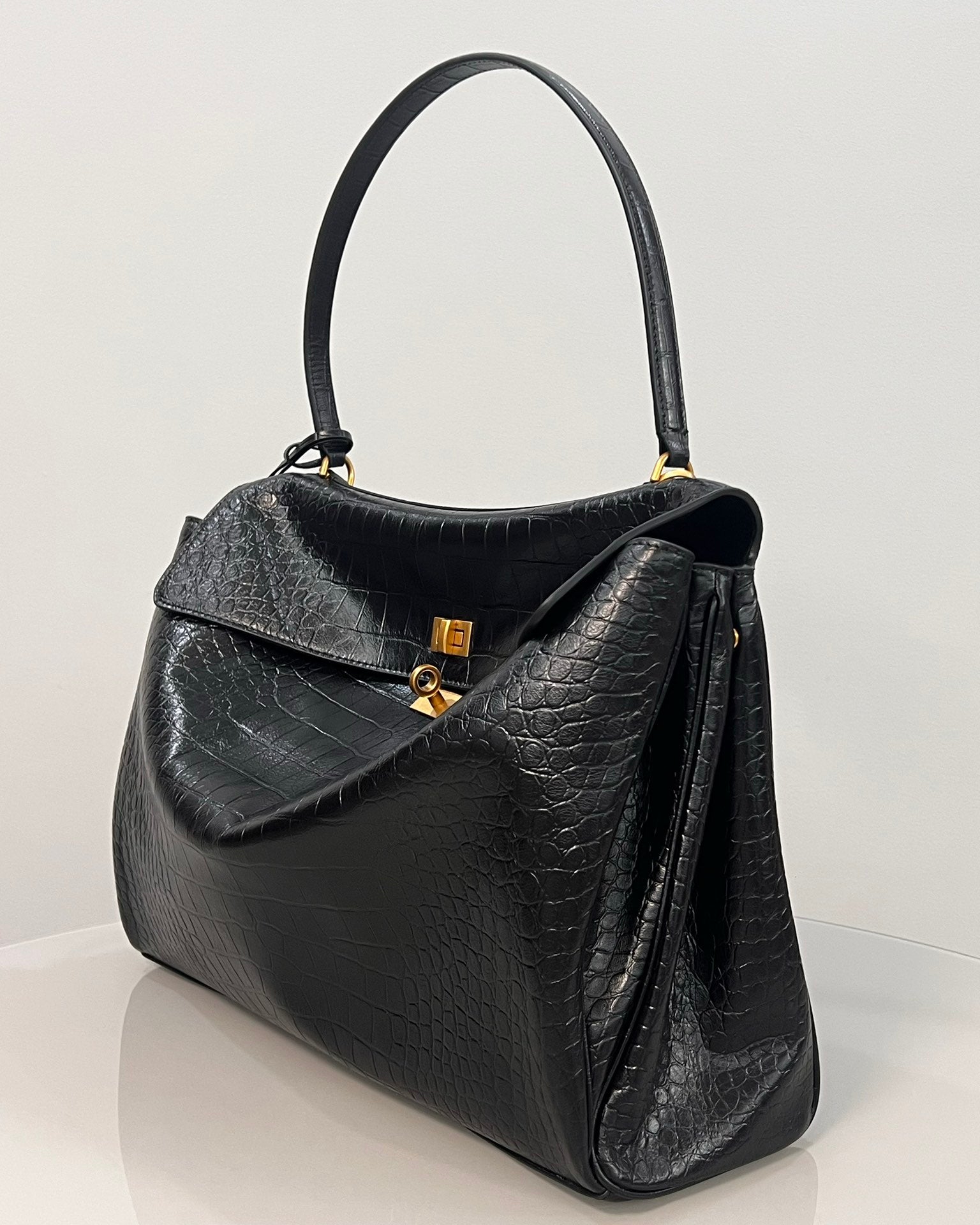 Balenciaga Large  Rodeo Crocodile Embossed Bag 40 Black Leather Gold Hardware