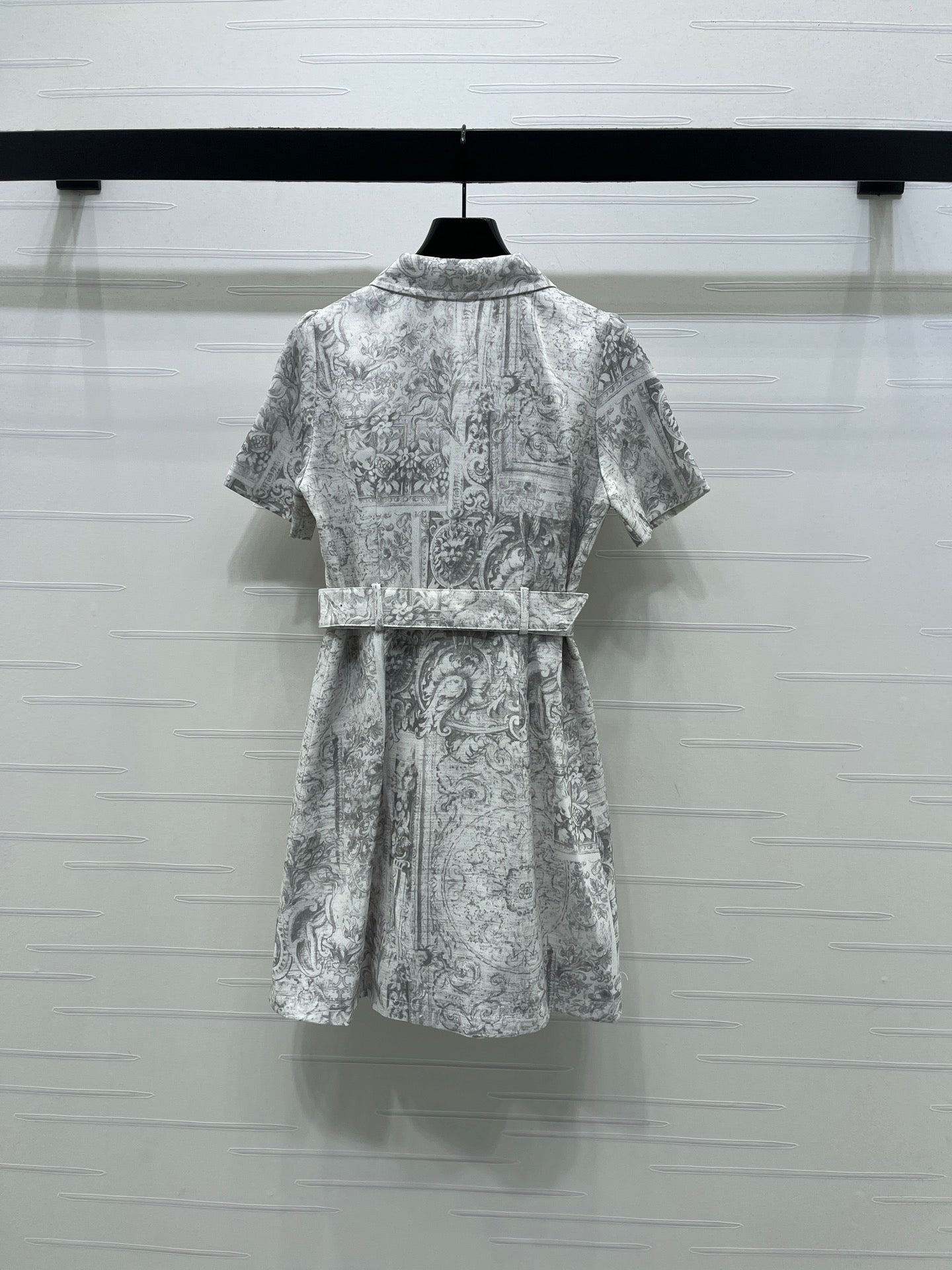 Dior 2026 Collared Print Denim Short-Sleeve Dress White Grey Polyester