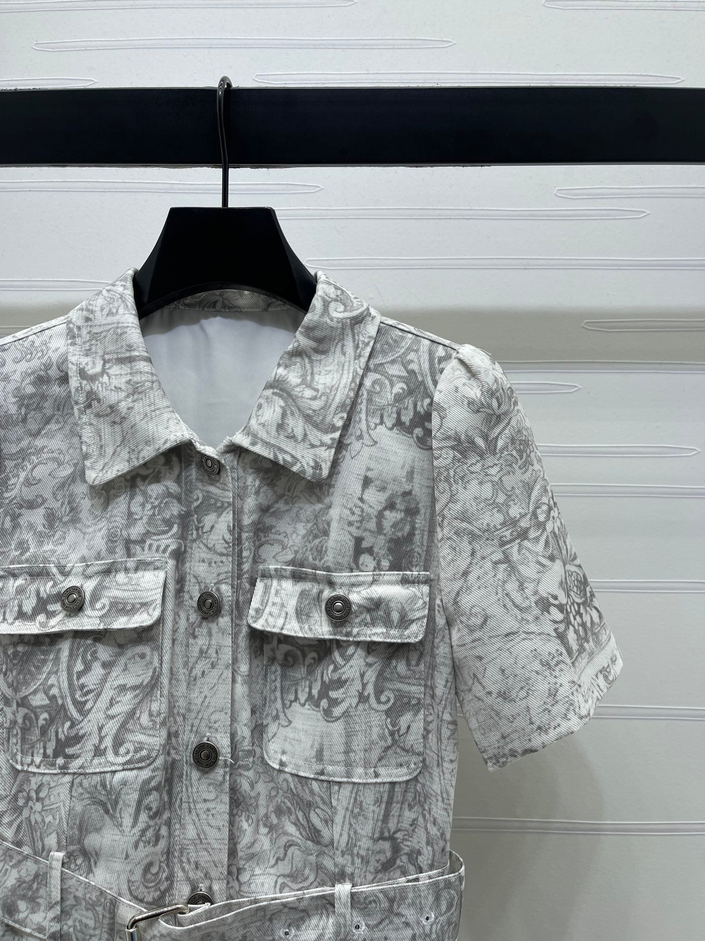 Dior 2026 Collared Print Denim Short-Sleeve Dress White Grey Polyester