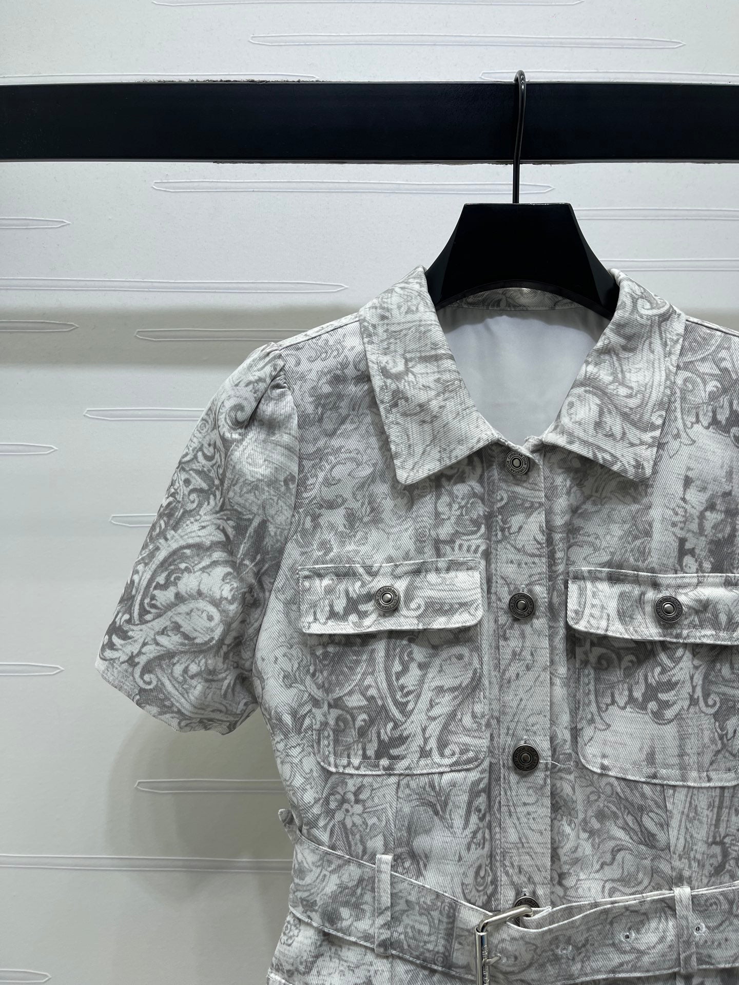 Dior 2026 Collared Print Denim Short-Sleeve Dress White Grey Polyester