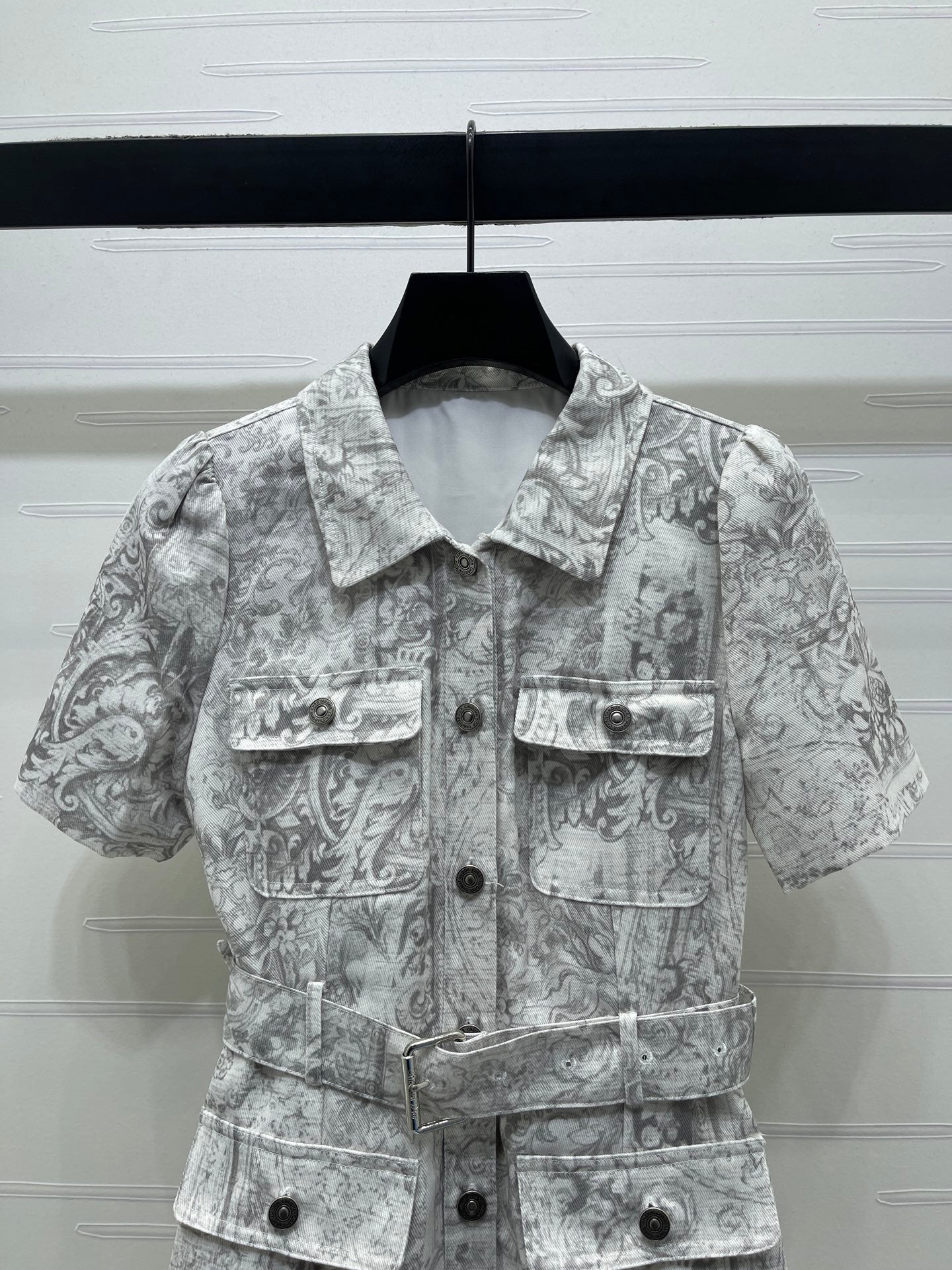 Dior 2026 Collared Print Denim Short-Sleeve Dress White Grey Polyester
