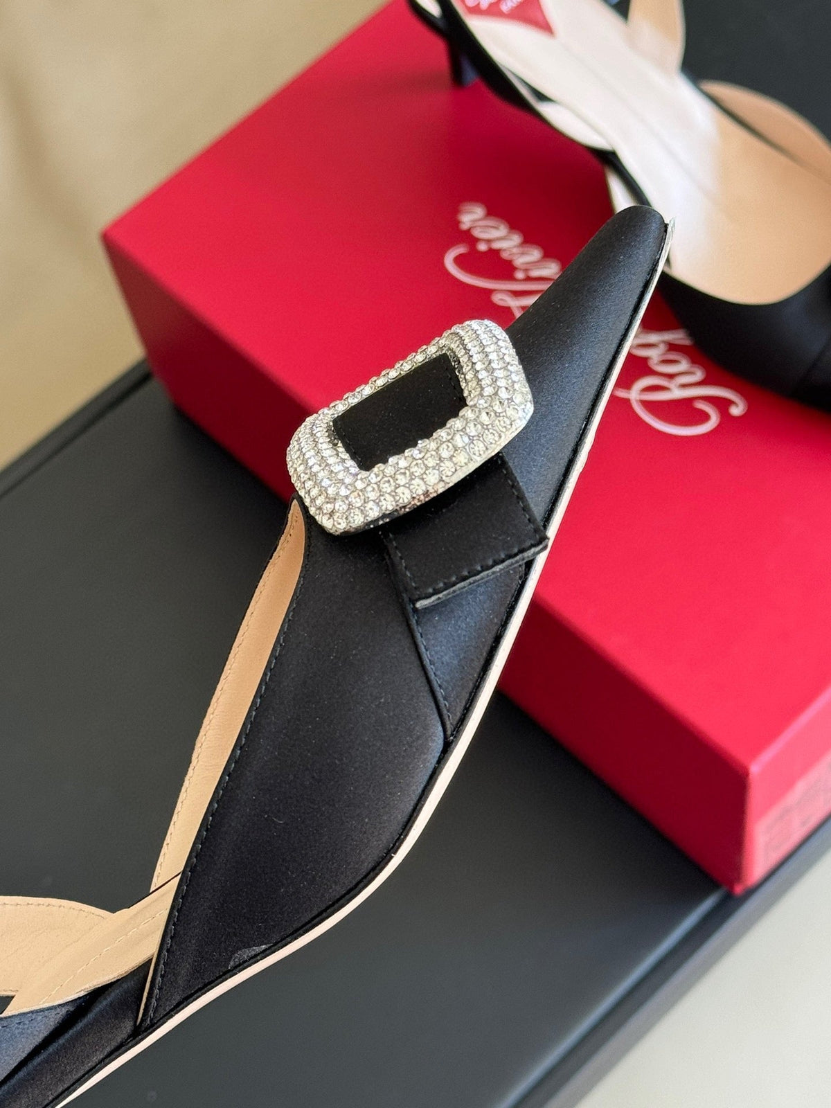 Viv Canard Slingback Pumps 55 in Black Satin