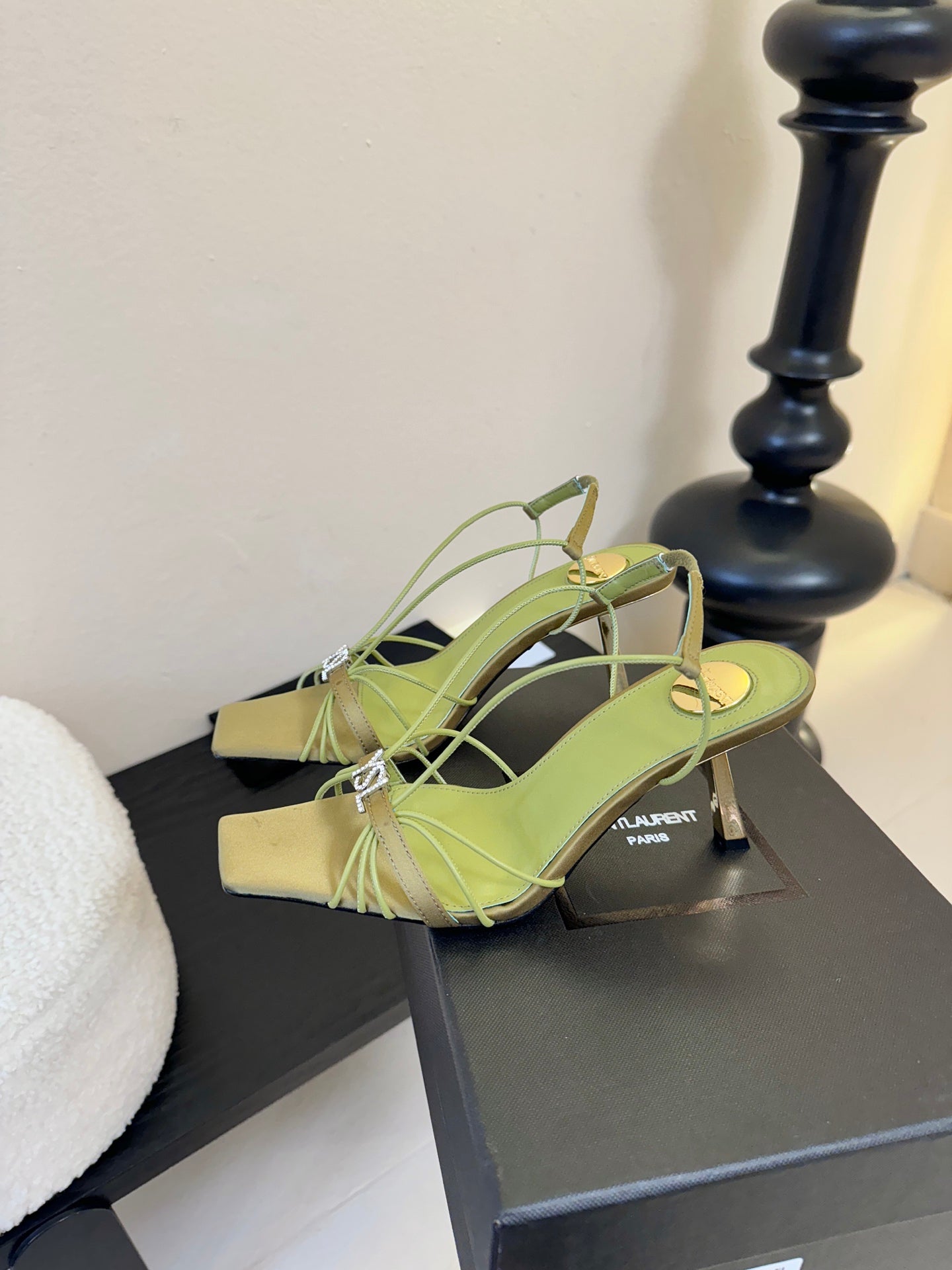 YSL 26ss Square Toe Sandals 70 Light Green Silk Sheepskin 651704