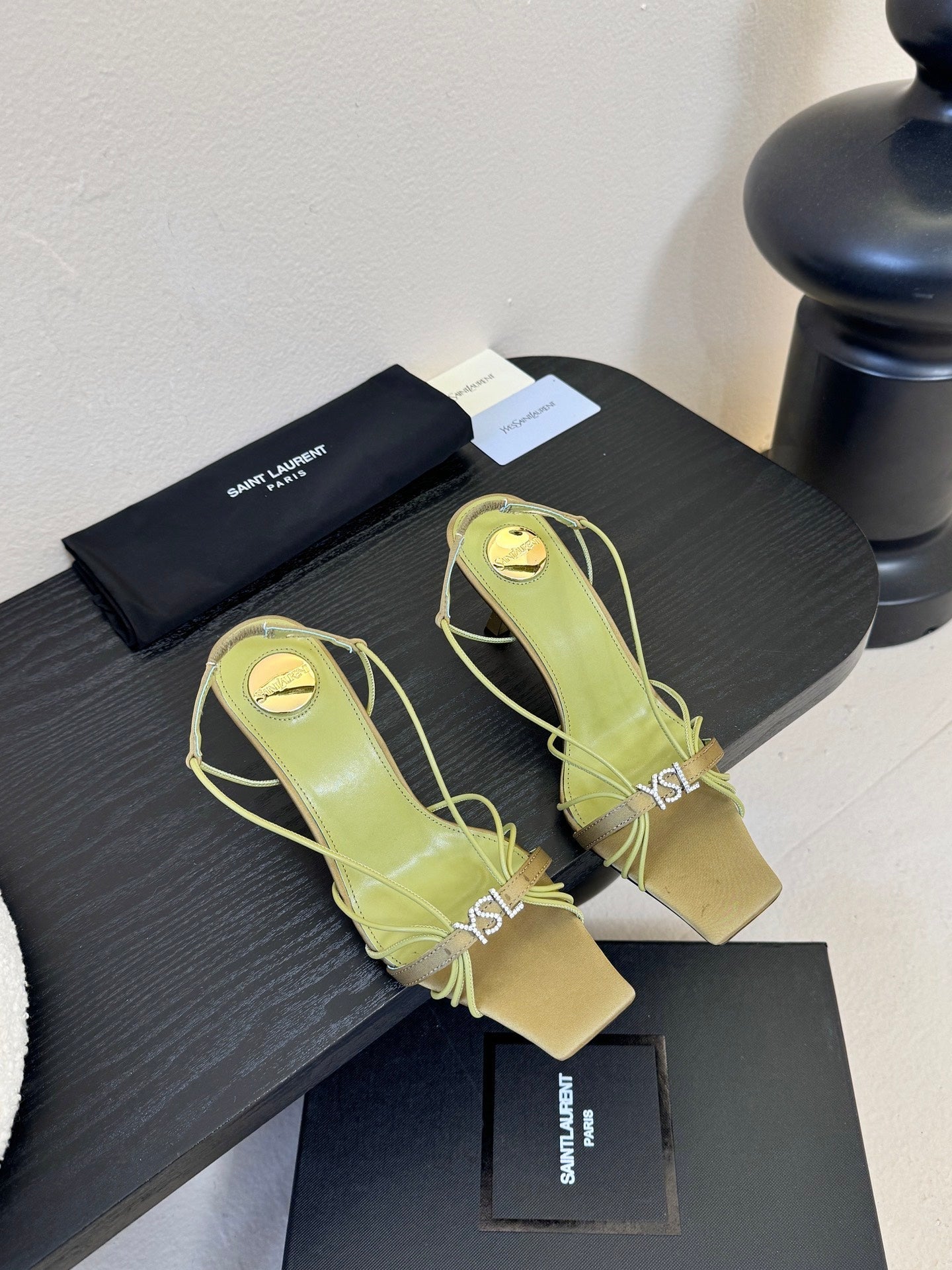 YSL 26ss Square Toe Sandals 70 Light Green Silk Sheepskin 651704