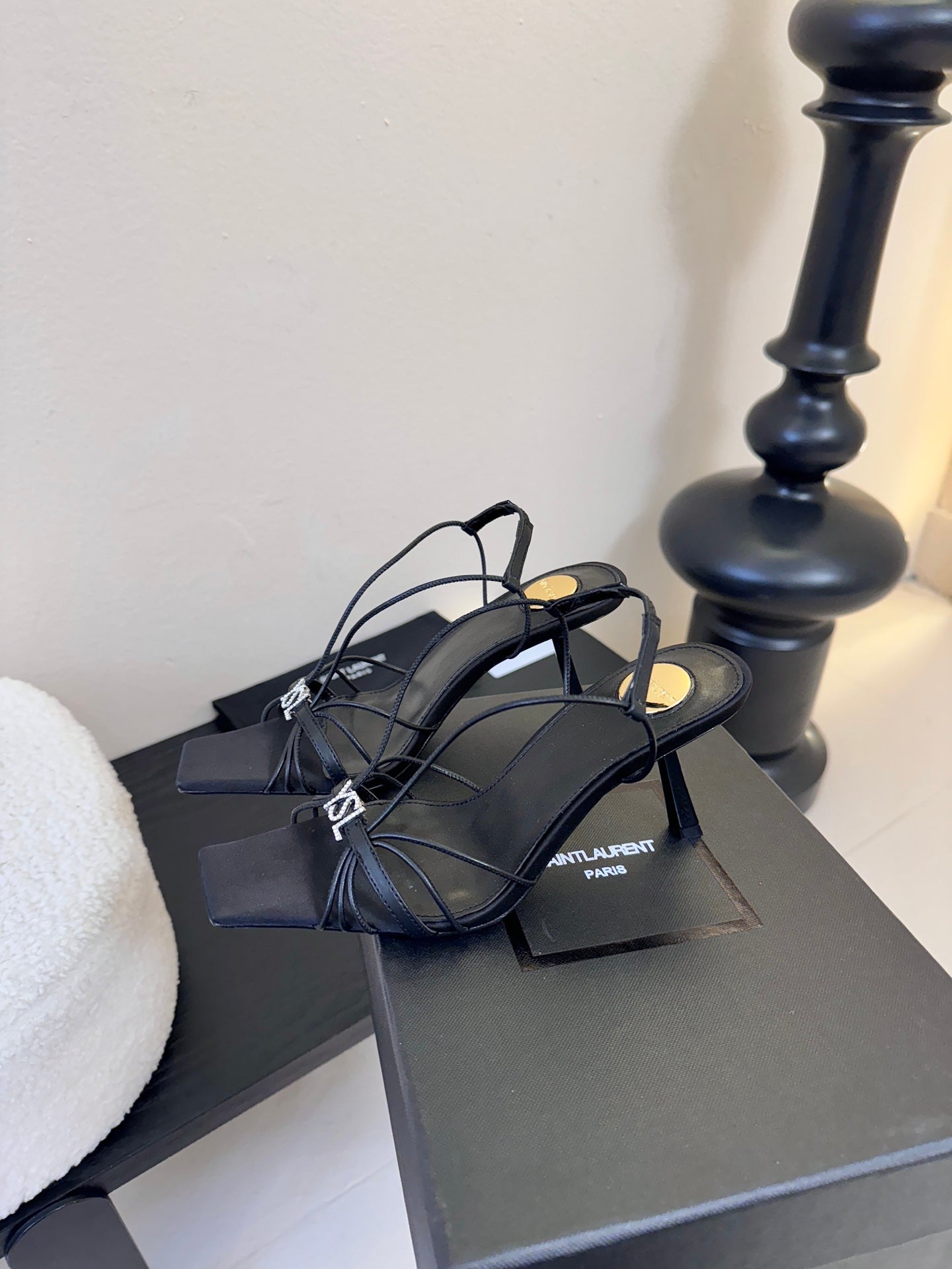 YSL 26ss Square Toe Sandals 70 Black Silk Sheepskin 651706