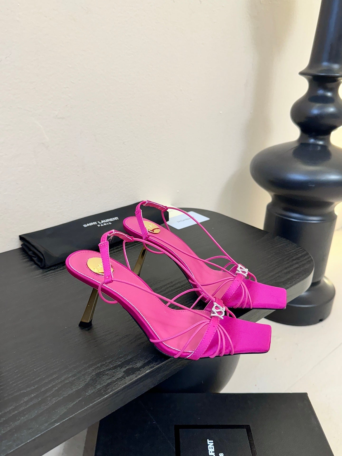 YSL 26ss Square Toe Sandals 70 Bright Pink Silk Sheepskin 651707