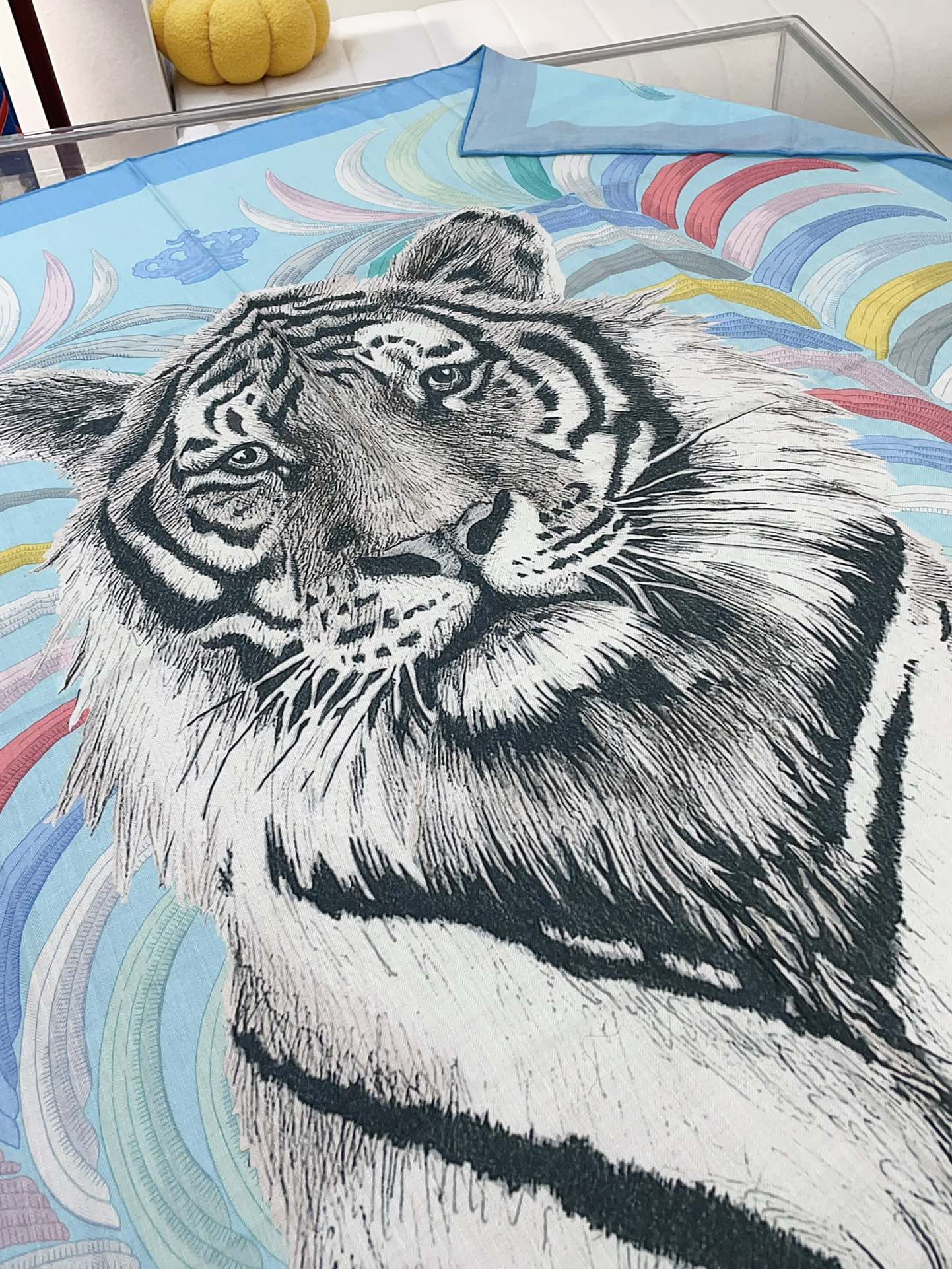 Tigre Royal Double Face Scarf 140 CM In Light Turquoise Colorful Cashmere And Silk 254647