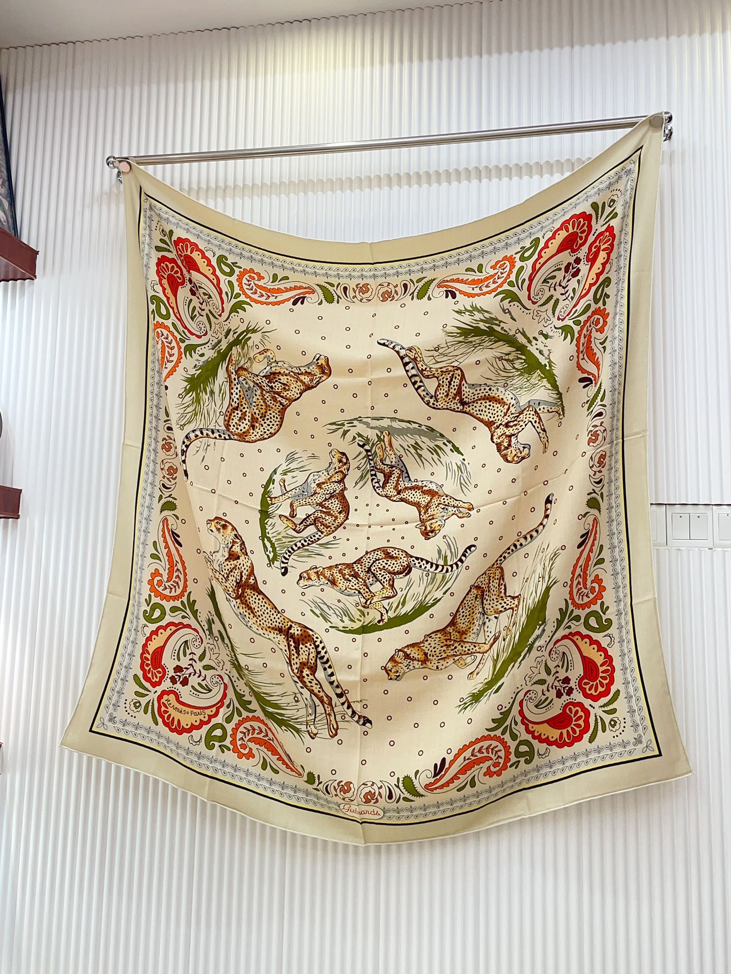 Guepards Bandana Double Face Scarf 140 CM In White Mix Beige Colorful Cashmere And Silk 334192