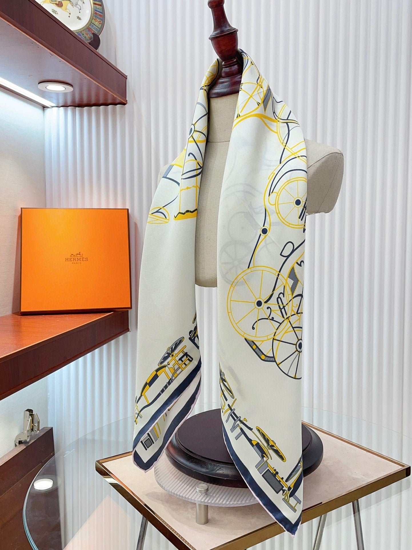 Complication Equestre Scarf 90 CM In White Yellow Coloful Silk Twill  345898