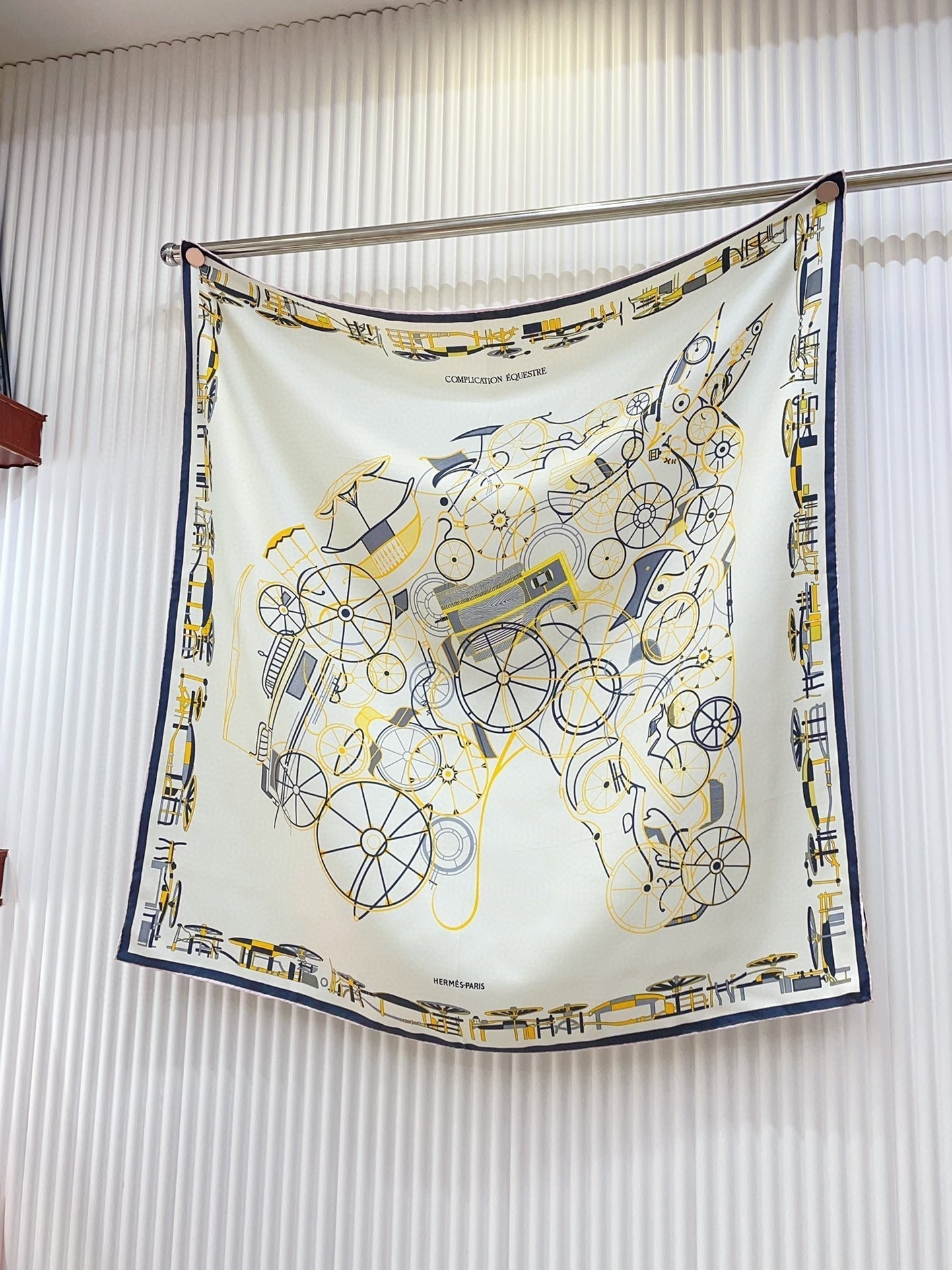 Complication Equestre Scarf 90 CM In White Yellow Coloful Silk Twill  345898