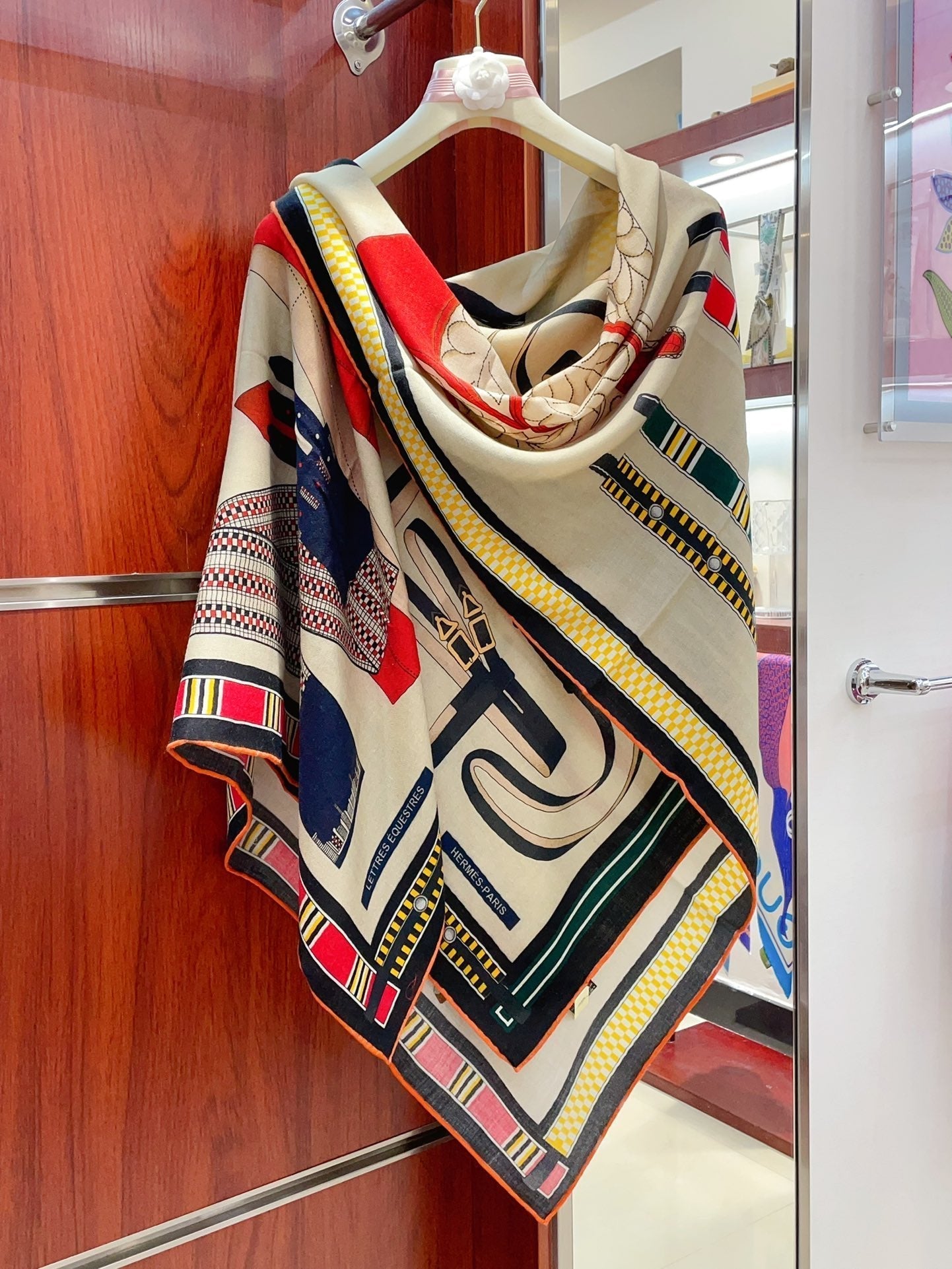 HM Lettres Equestre Scarf 140 CM In White Colorful Cashmere And Silk 359399