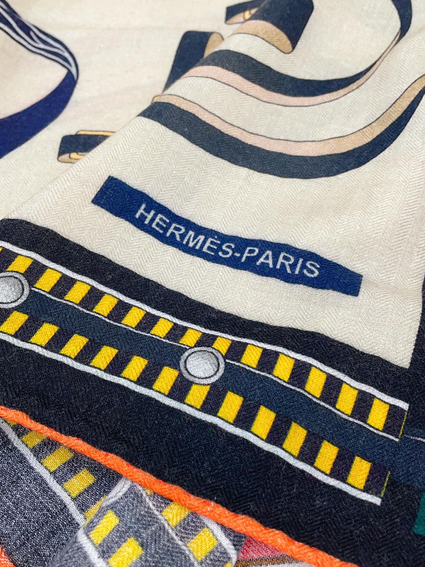 HM Lettres Equestre Scarf 140 CM In White Colorful Cashmere And Silk 359399