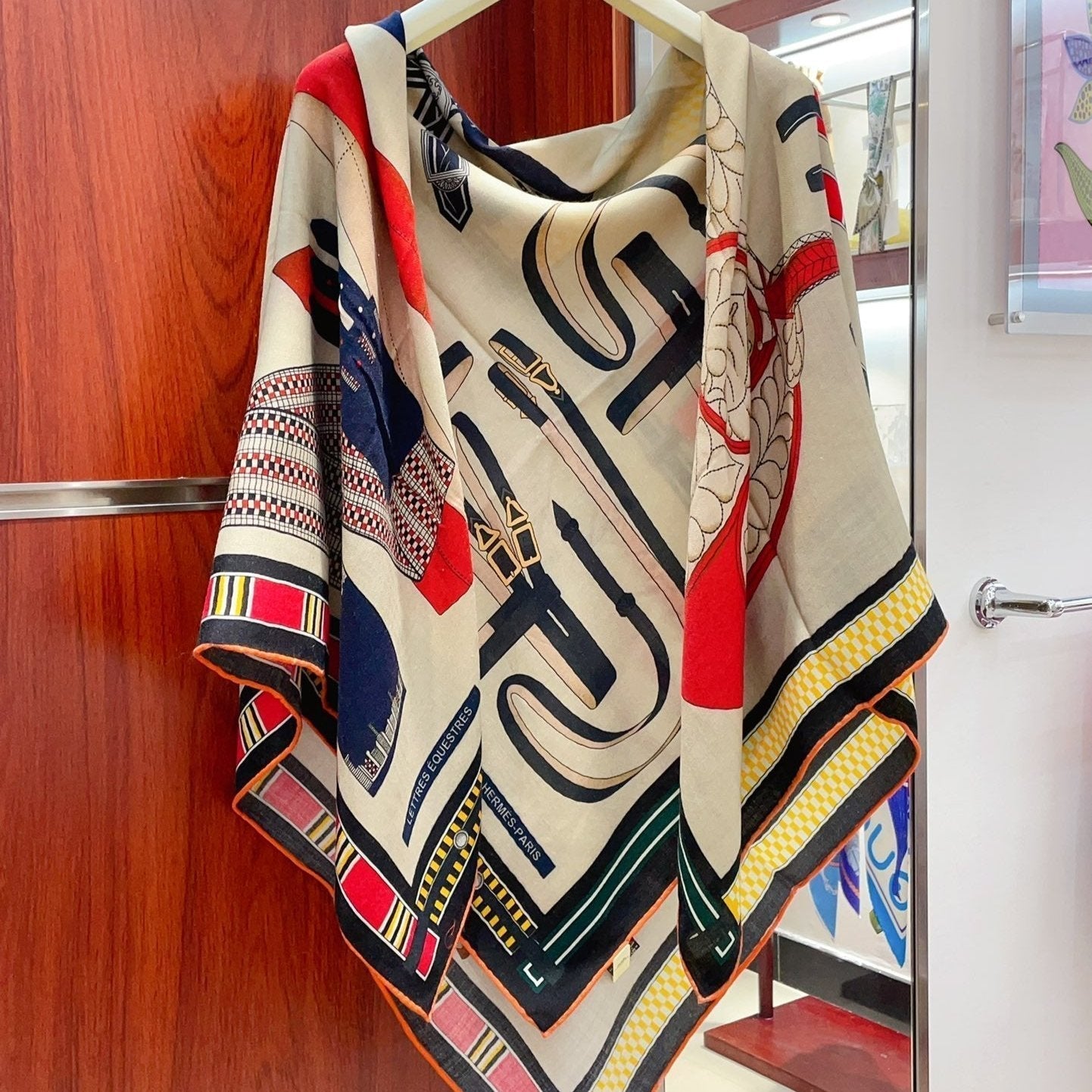 HM Lettres Equestre Scarf 140 CM In White Colorful Cashmere And Silk 359399