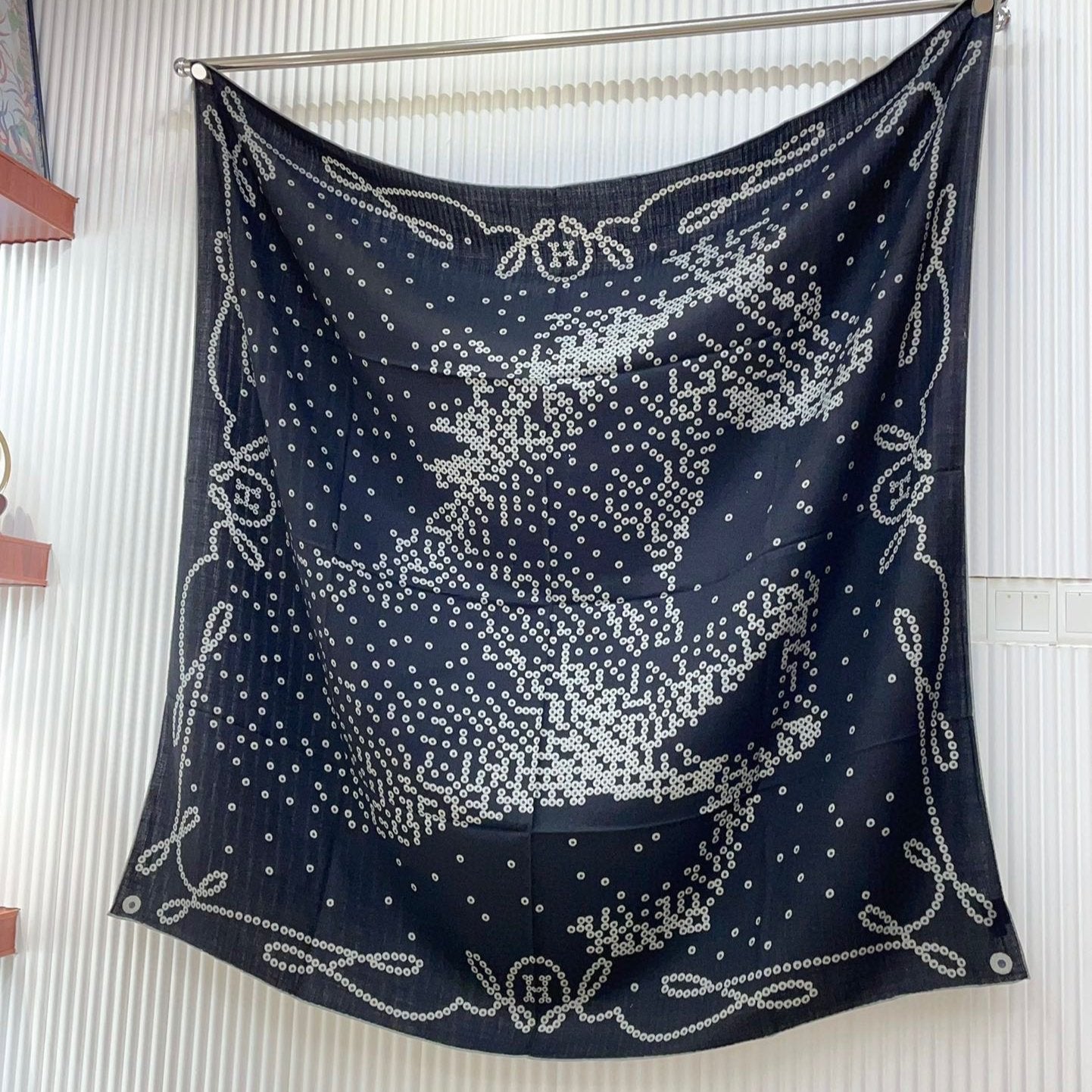 Cheval De Legende Scarf 140 CM Charcoal Blue Pattern Cashmere And Silk
