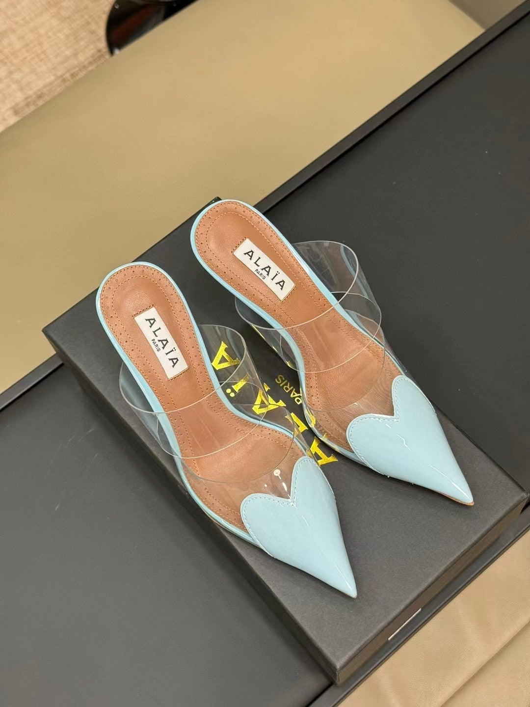 alaia mule 90 optic cloud blue heart lambskin