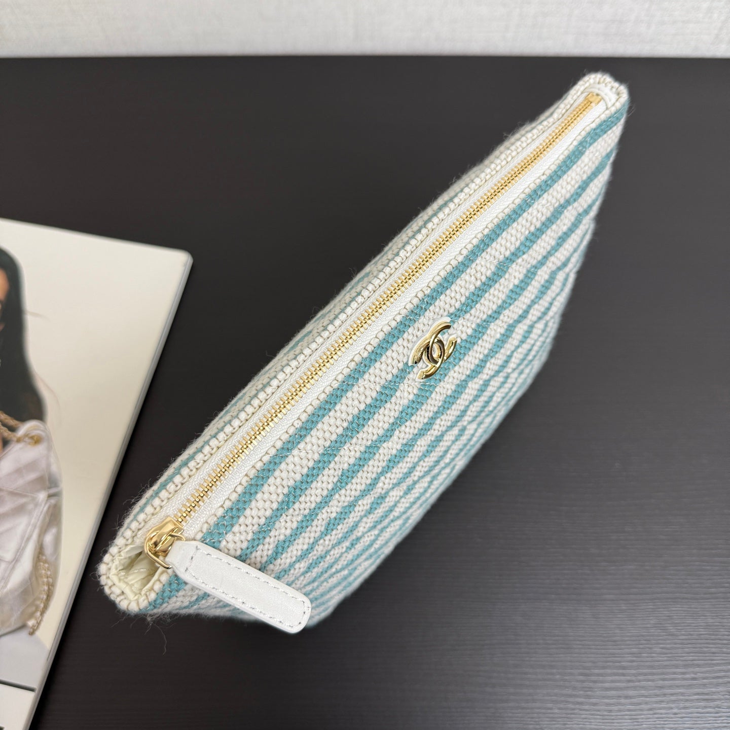 Chanel 26 Woven Clutch 19 White Light Blue Canvas