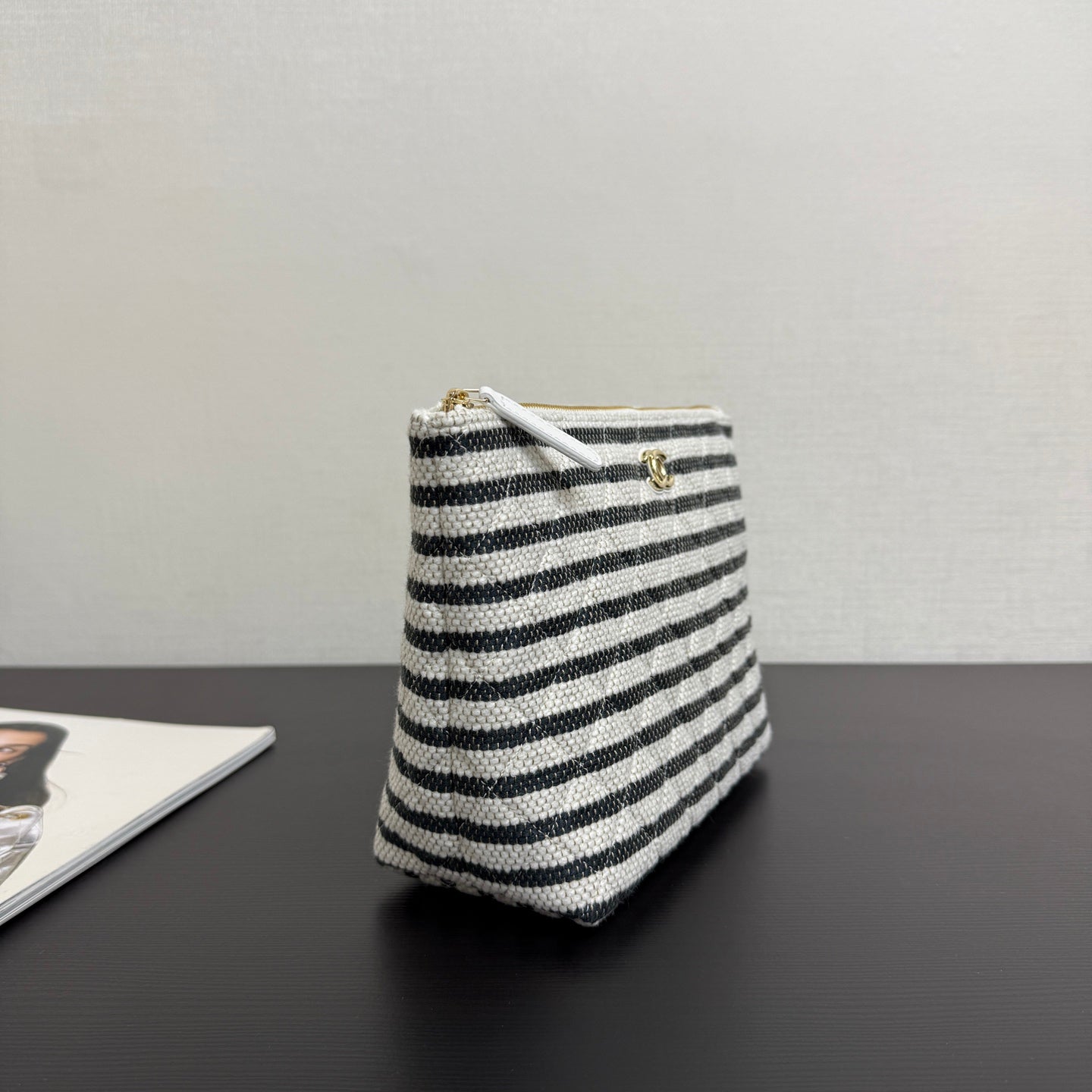 Chanel 26 Woven Clutch 19 White Black Canvas