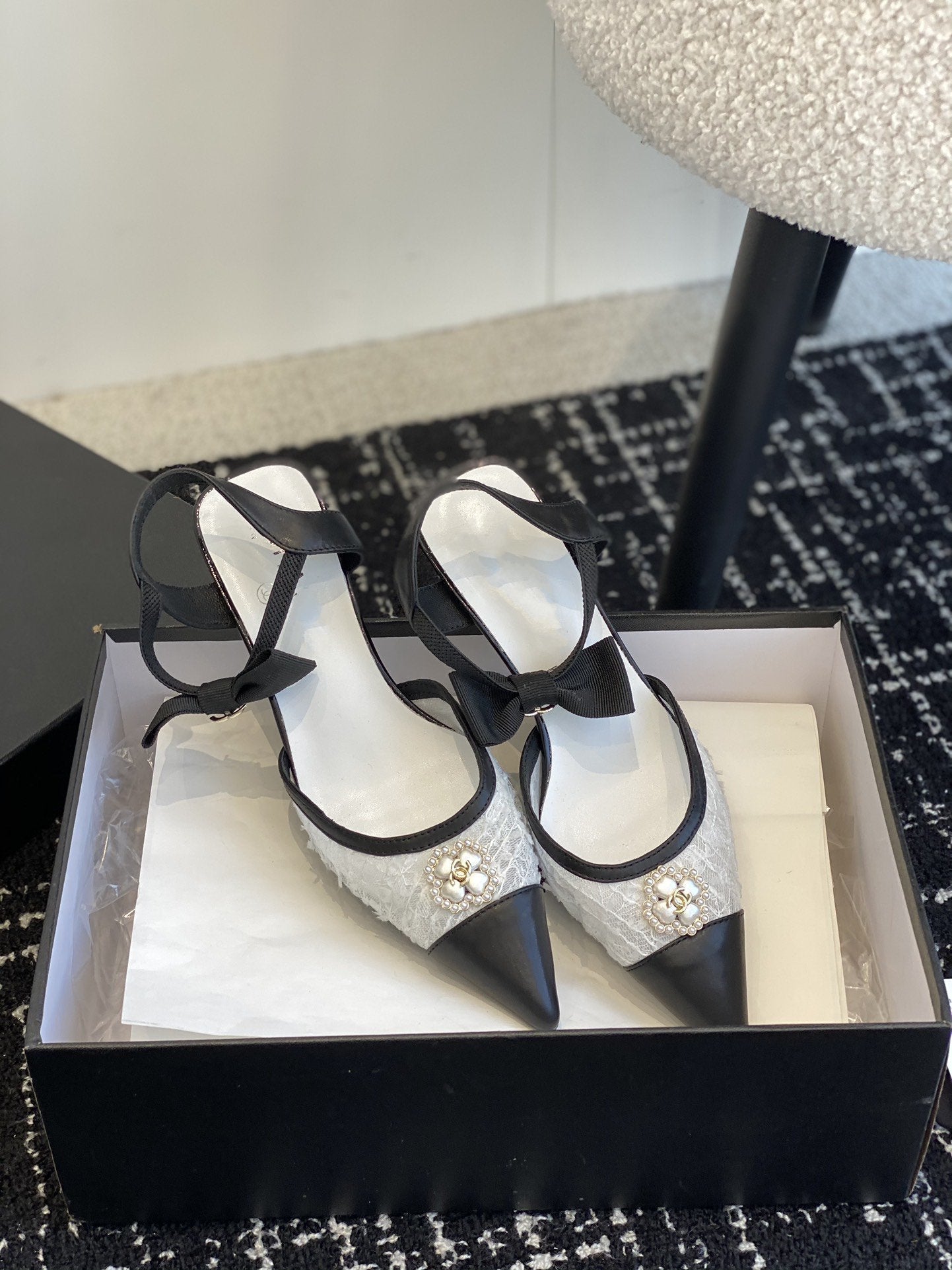slingbacks 45 white tweed black lambskin