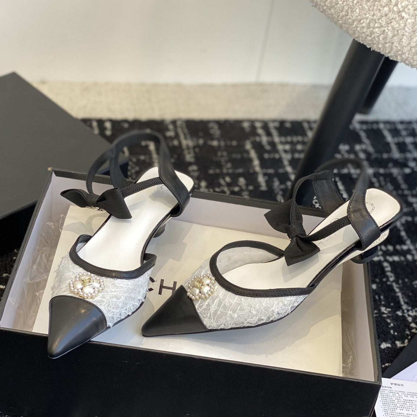 slingbacks 45 white tweed black lambskin