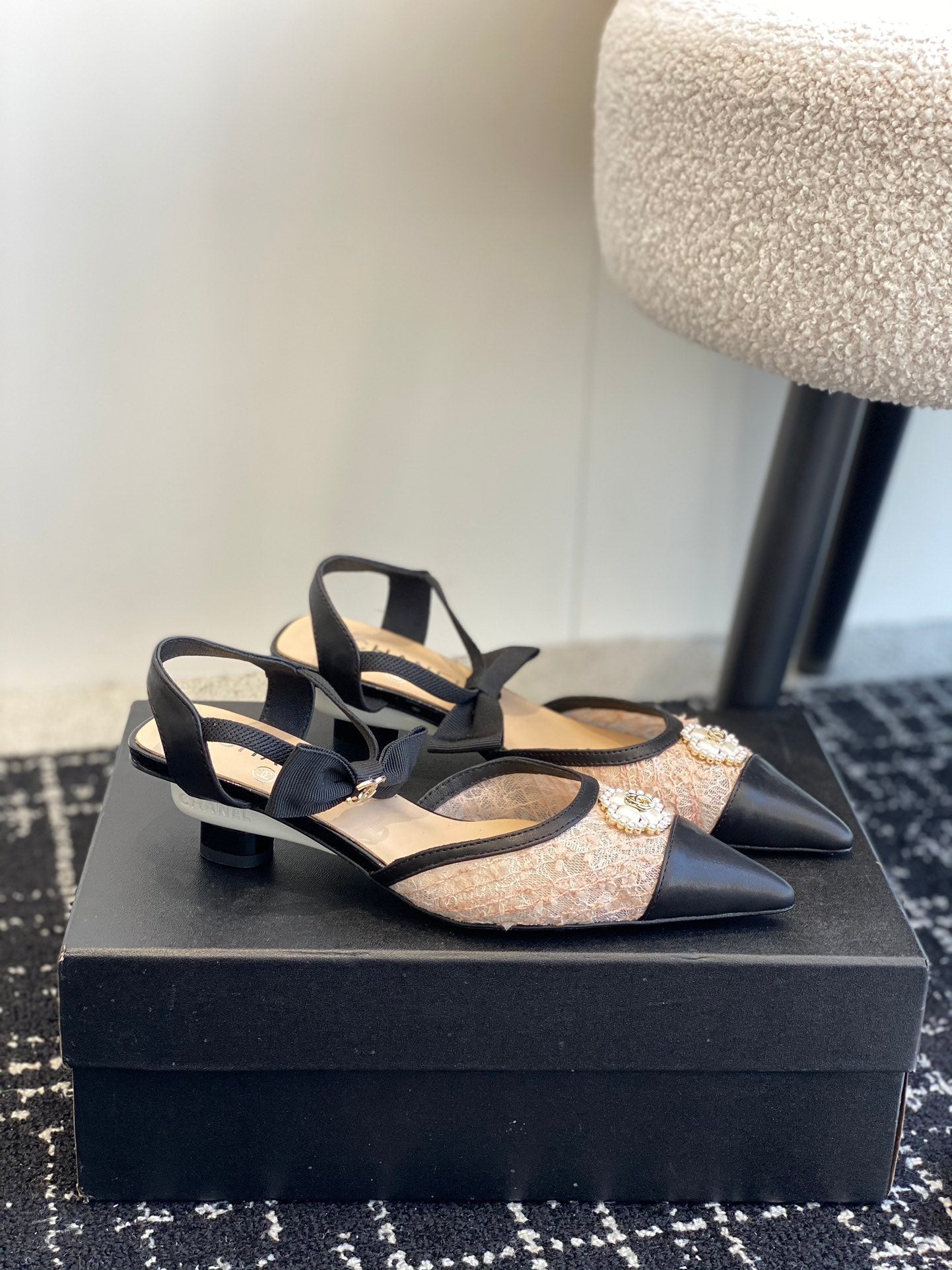 slingbacks 45 beige black tweed lambskin