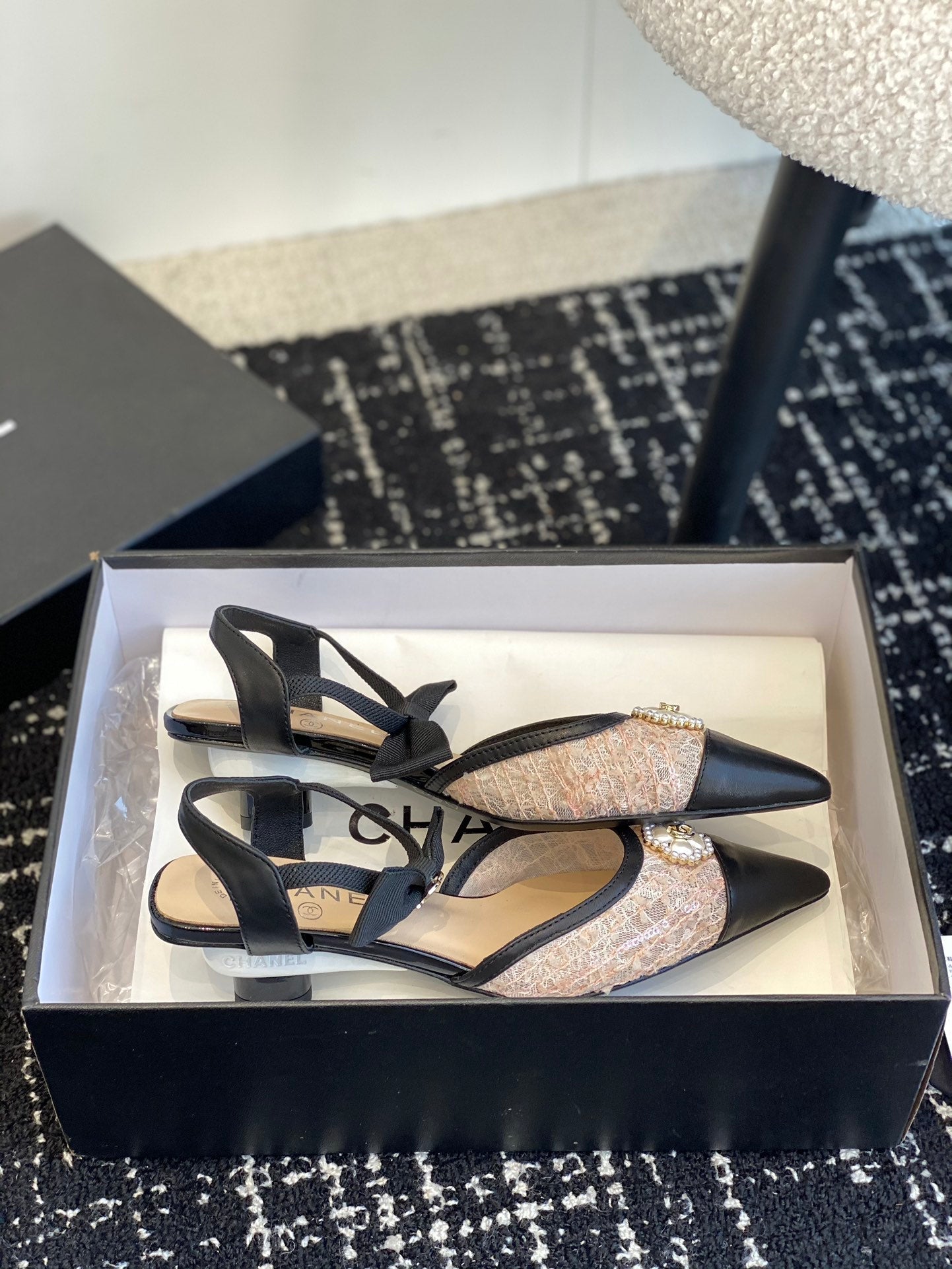 slingbacks 45 beige black tweed lambskin