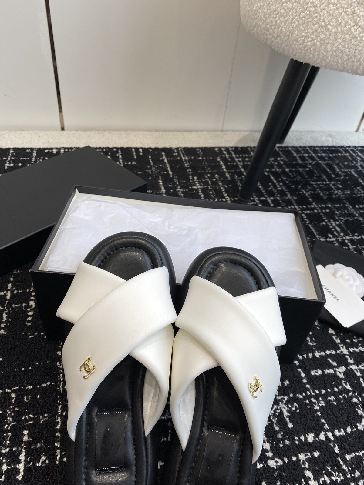 cross puffy slippers white black lycra fabric
