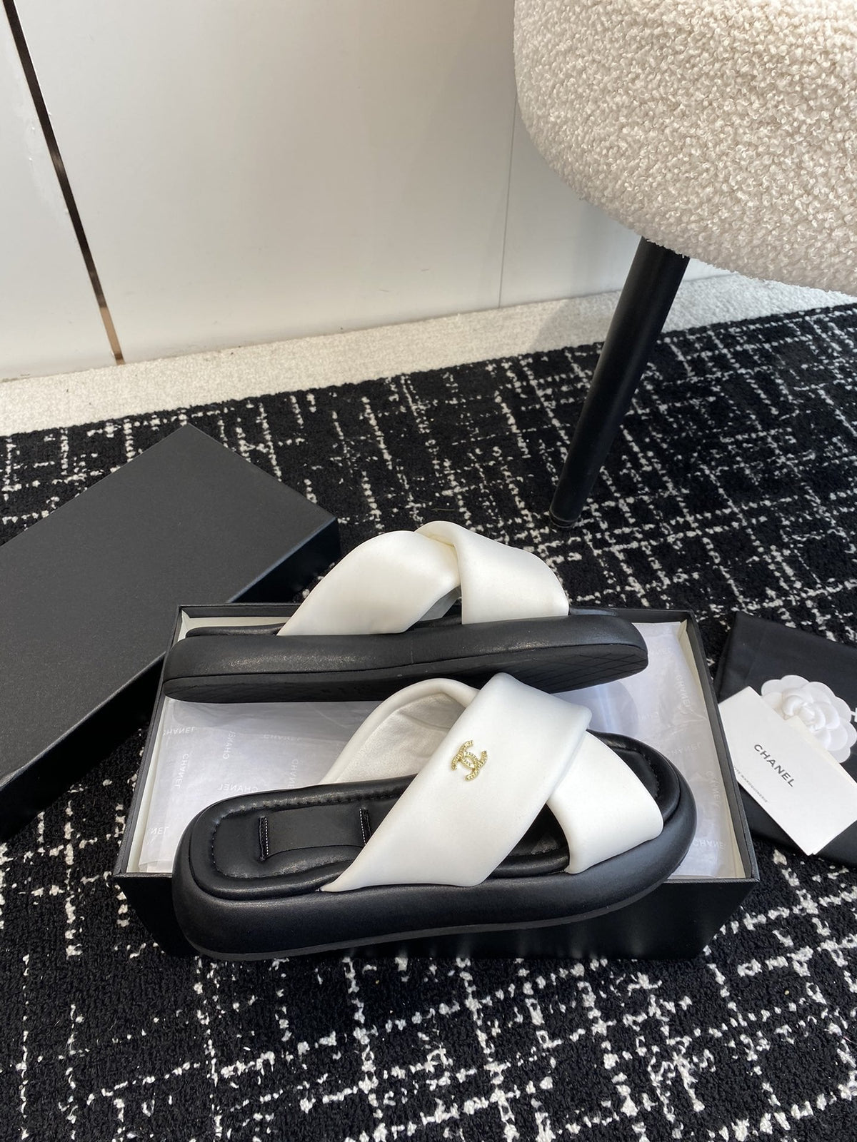 cross puffy slippers white black lycra fabric