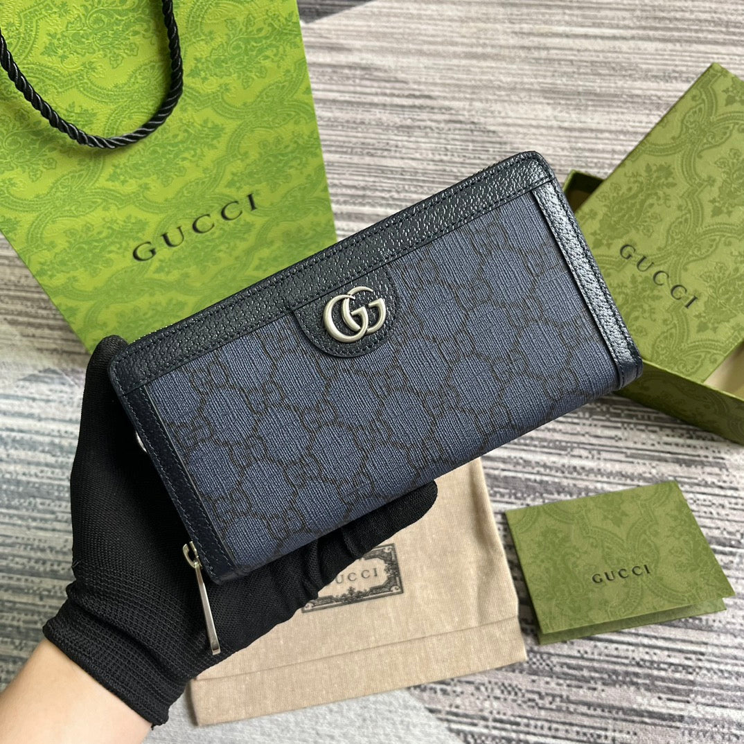 OPHIDIA GG 19 ZIP AROUND WALLET DARK BLUE CANVAS AND BLACK CALFSKIN