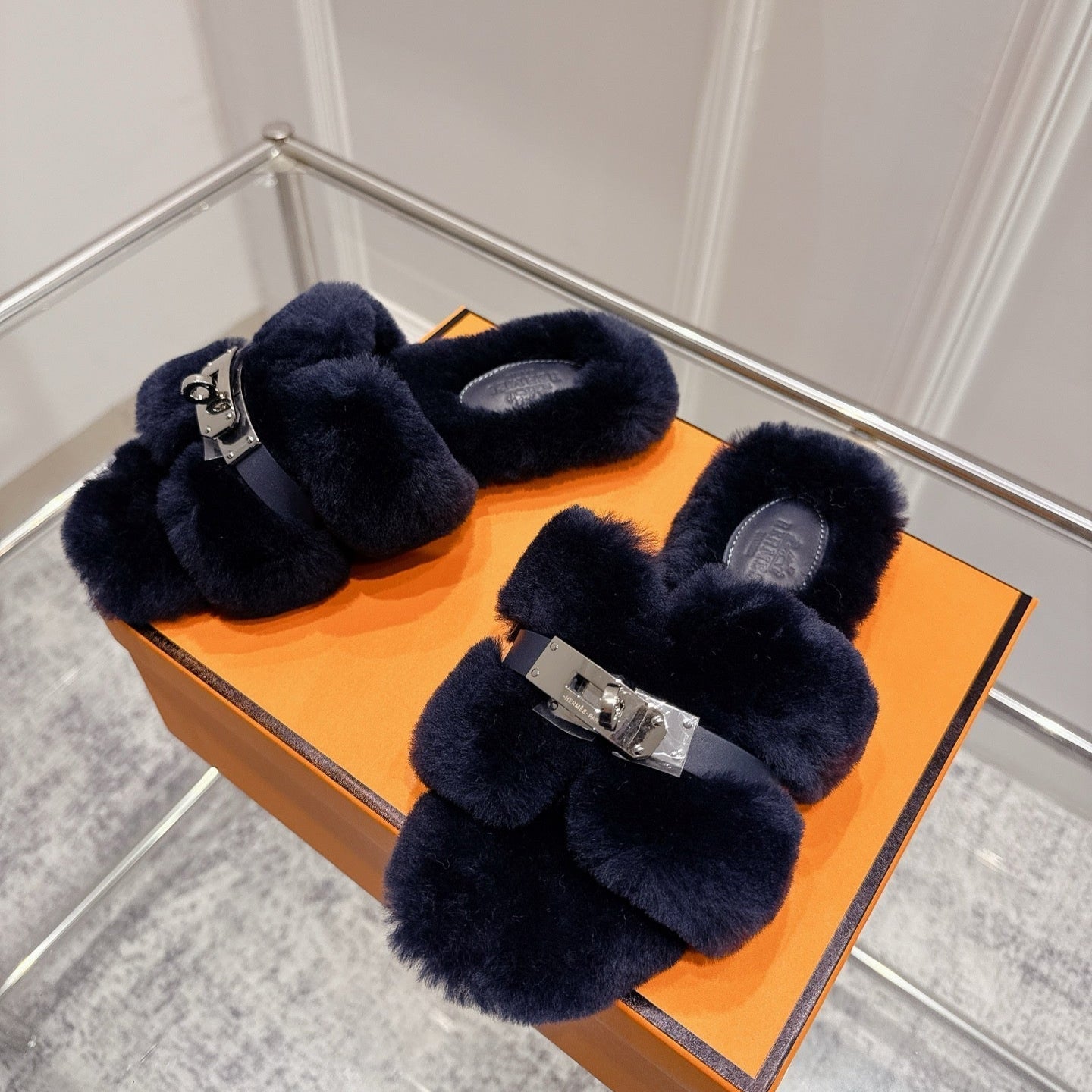 HM Oran slippers sliver buckle navy blue wool