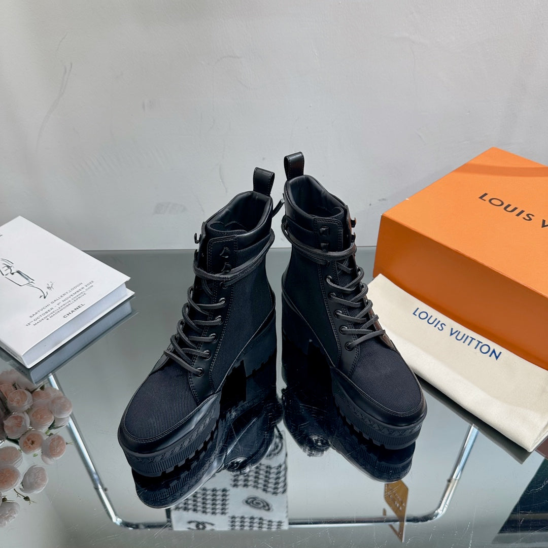 LV Laureate Platform Desert Boot 70mm Black Fabric Mix Cowhide